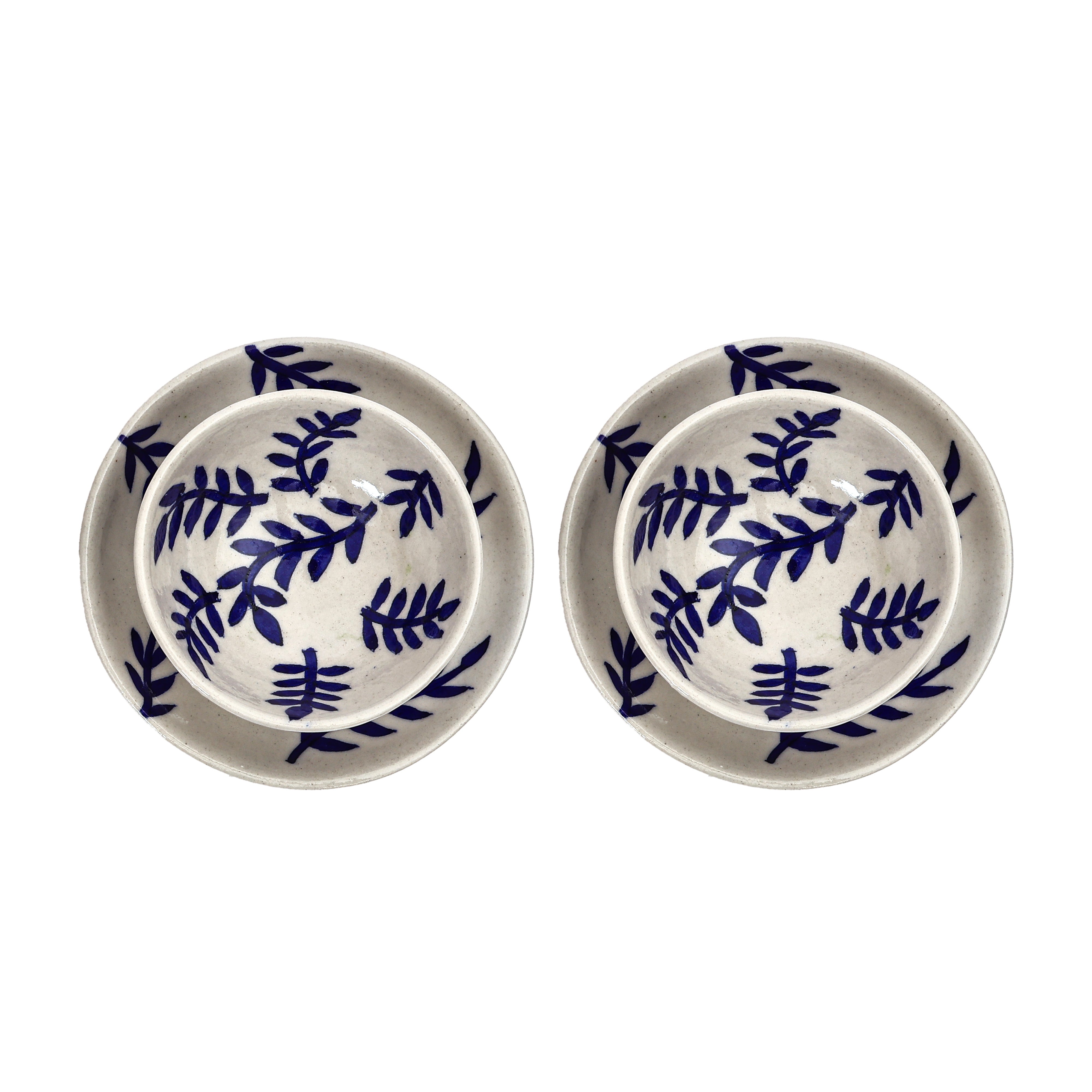Handcrafted Jaipur Blue Pottery Bowl & Plate Set – Indigo Leaf Pattern