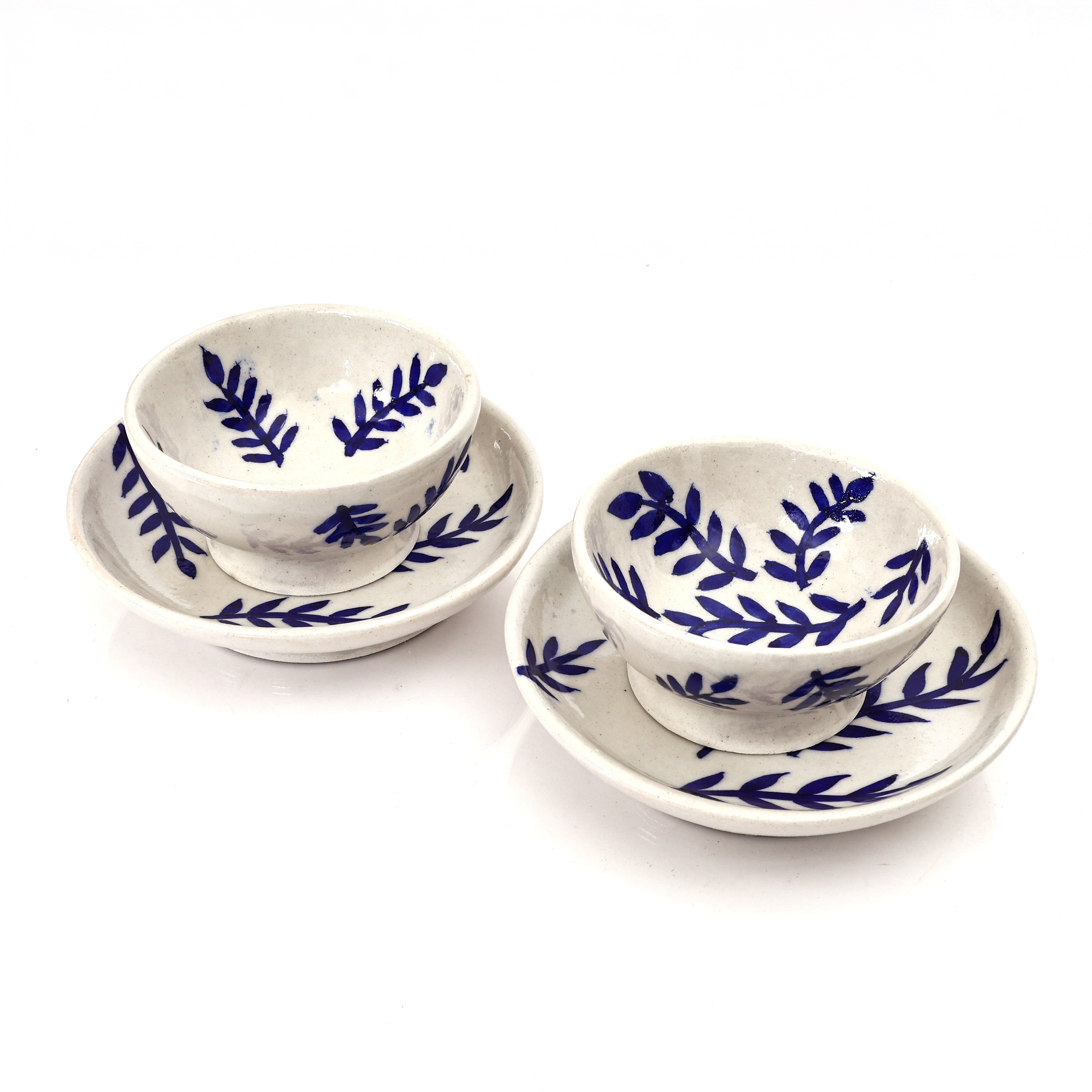 Handcrafted Jaipur Blue Pottery Bowl & Plate Set – Indigo Leaf Pattern