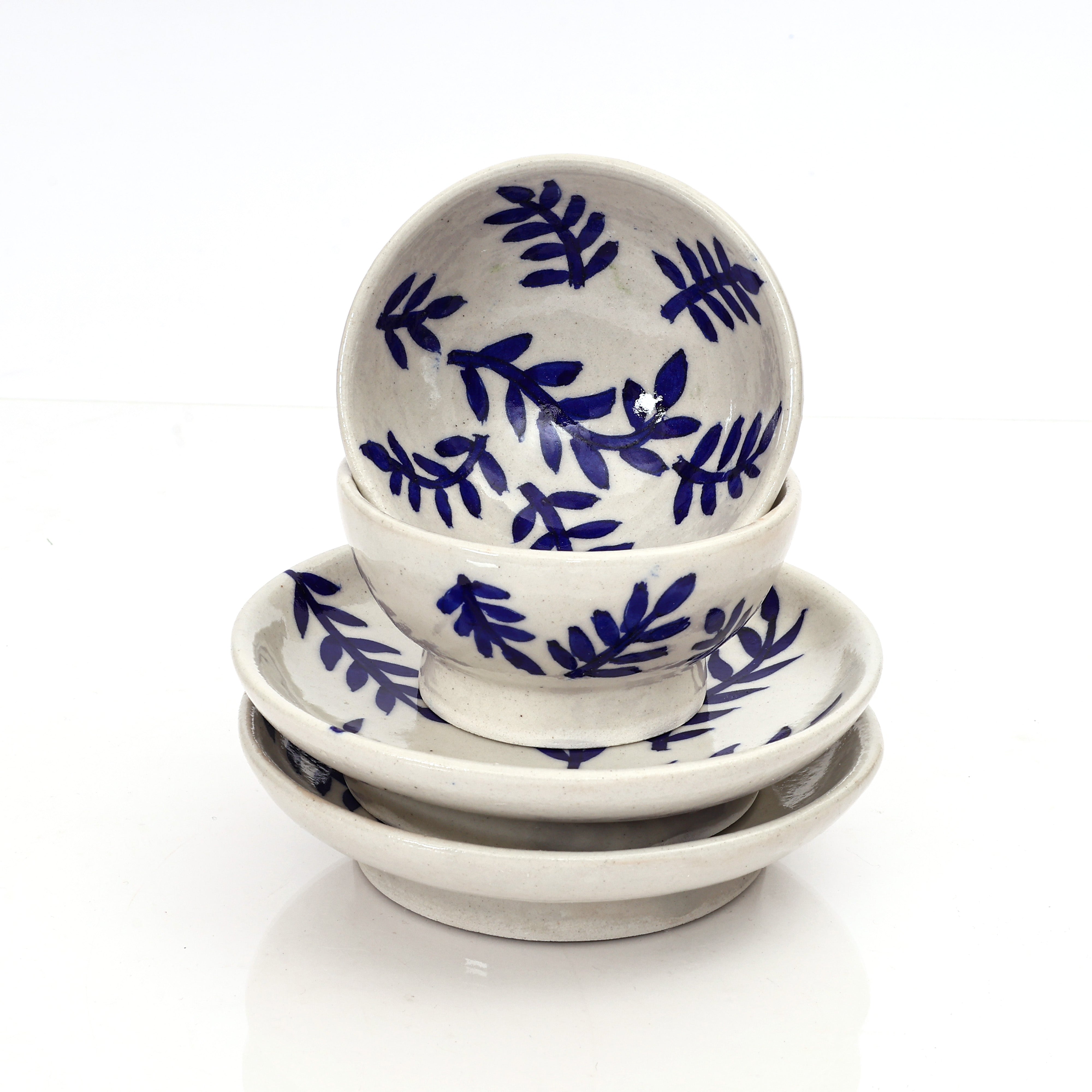 Handcrafted Jaipur Blue Pottery Bowl & Plate Set – Indigo Leaf Pattern