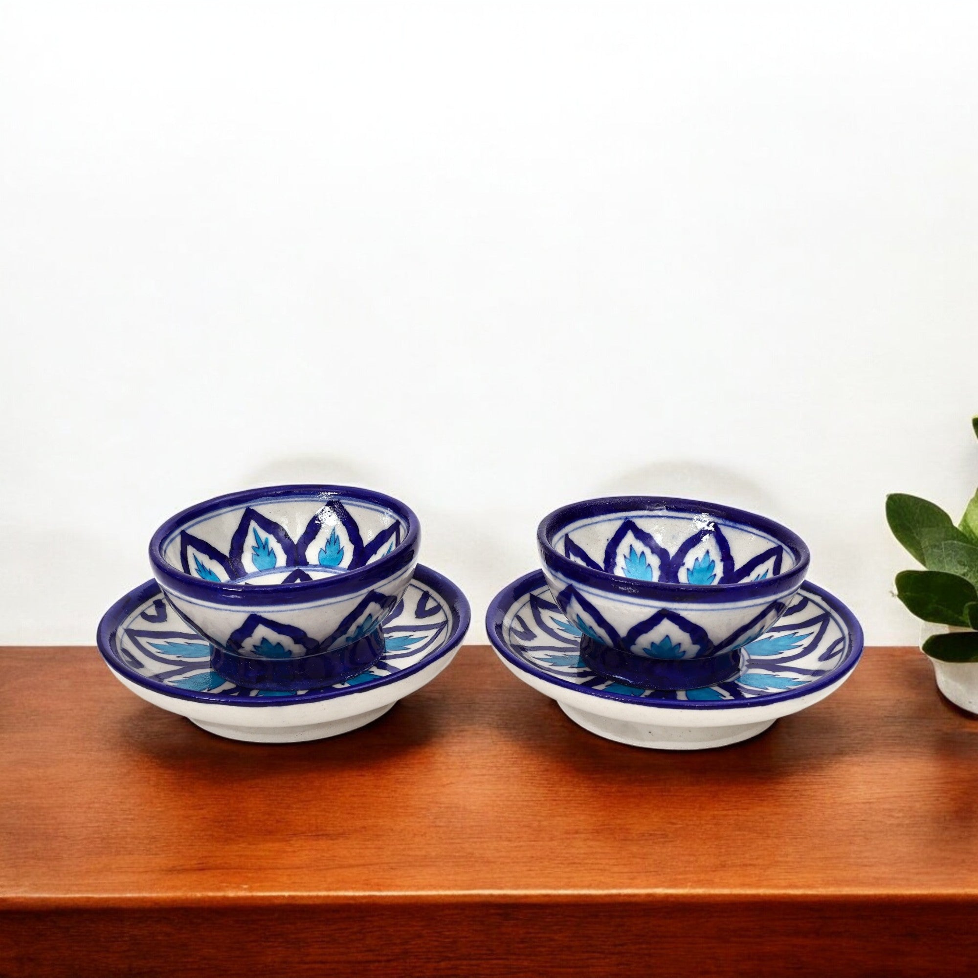 Handcrafted Jaipur Blue Pottery Bowl & Plate Set – Square Indigo Geometric Patterns