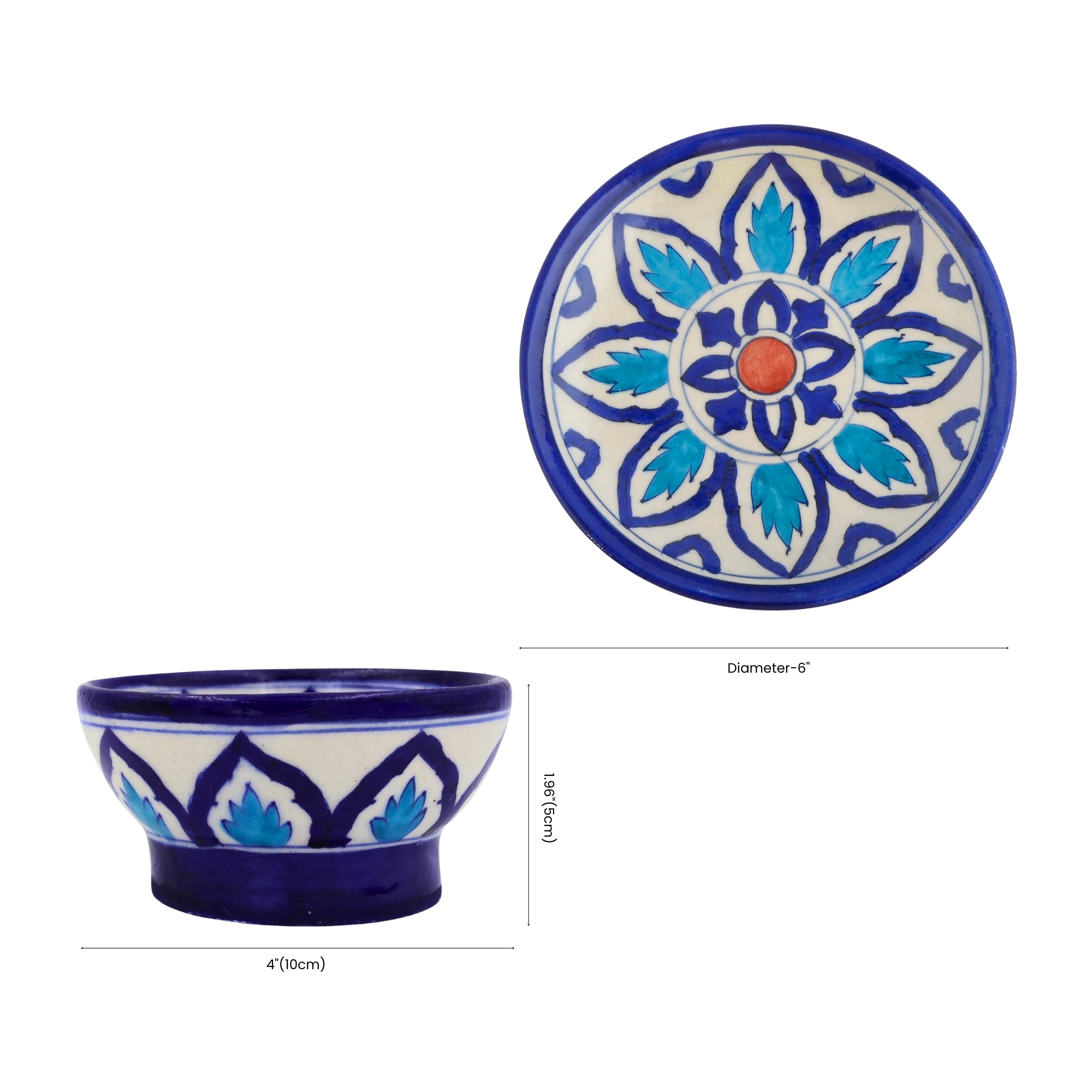 Handcrafted Jaipur Blue Pottery Bowl & Plate Set – Square Indigo Geometric Patterns
