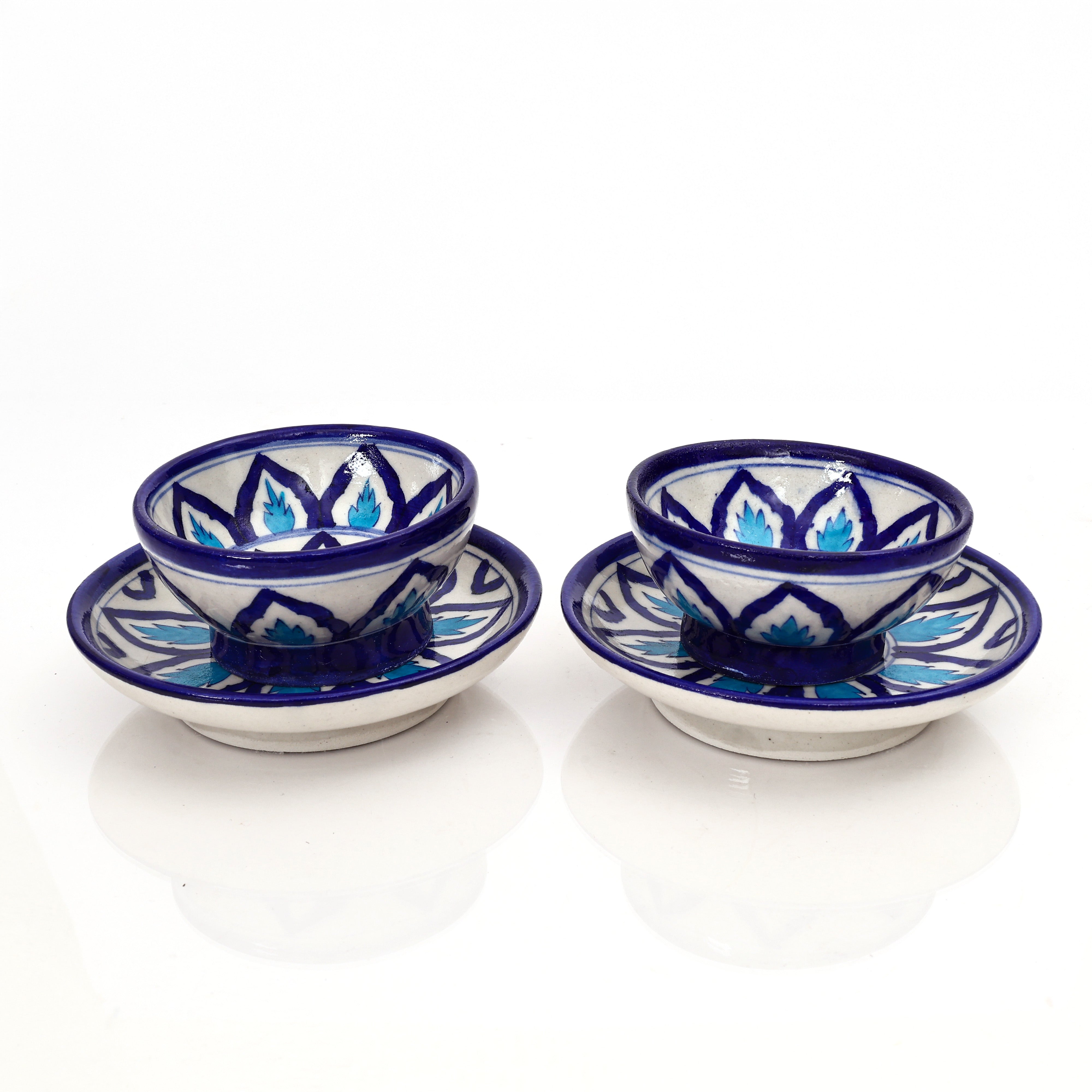 Handcrafted Jaipur Blue Pottery Bowl & Plate Set – Square Indigo Geometric Patterns