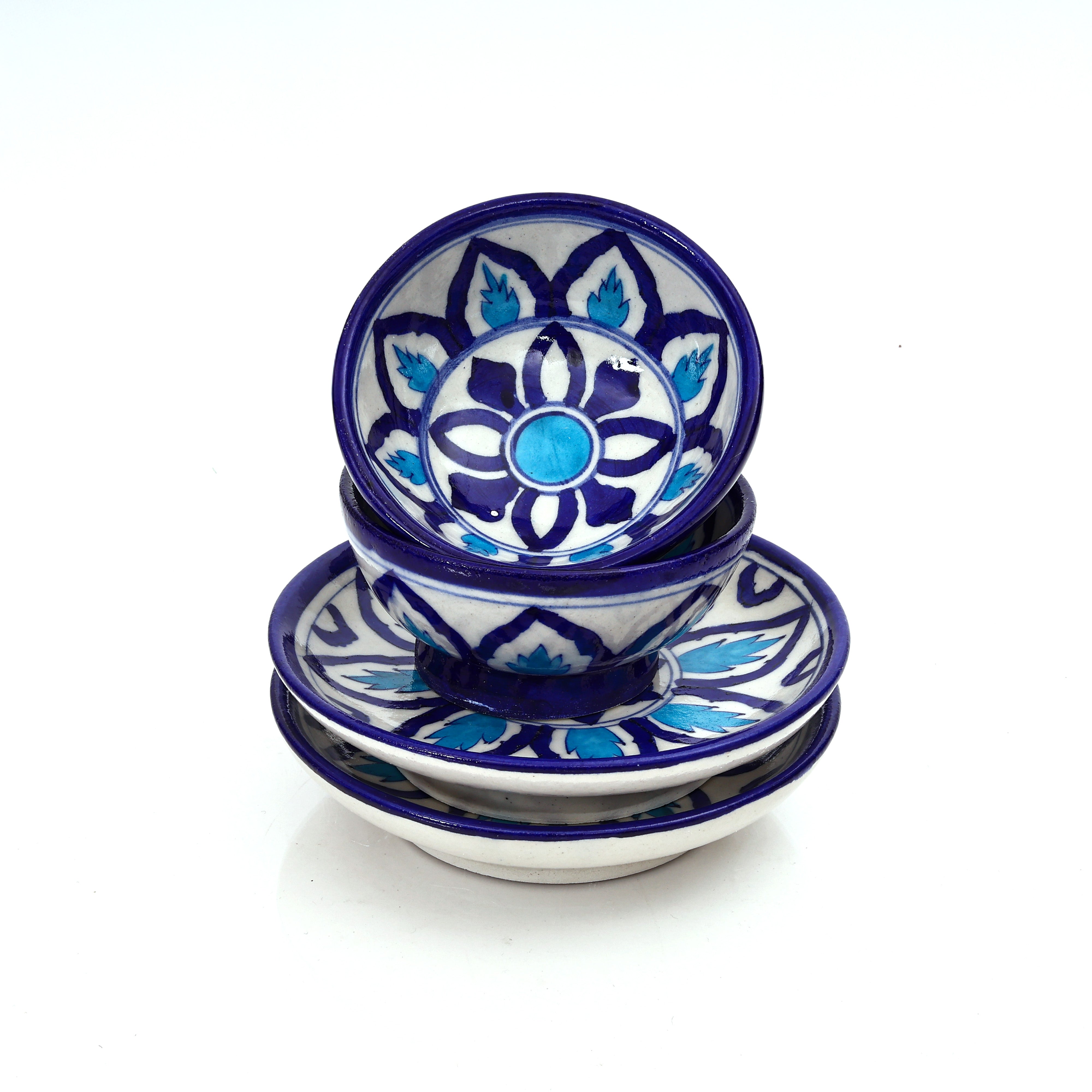 Handcrafted Jaipur Blue Pottery Bowl & Plate Set – Square Indigo Geometric Patterns