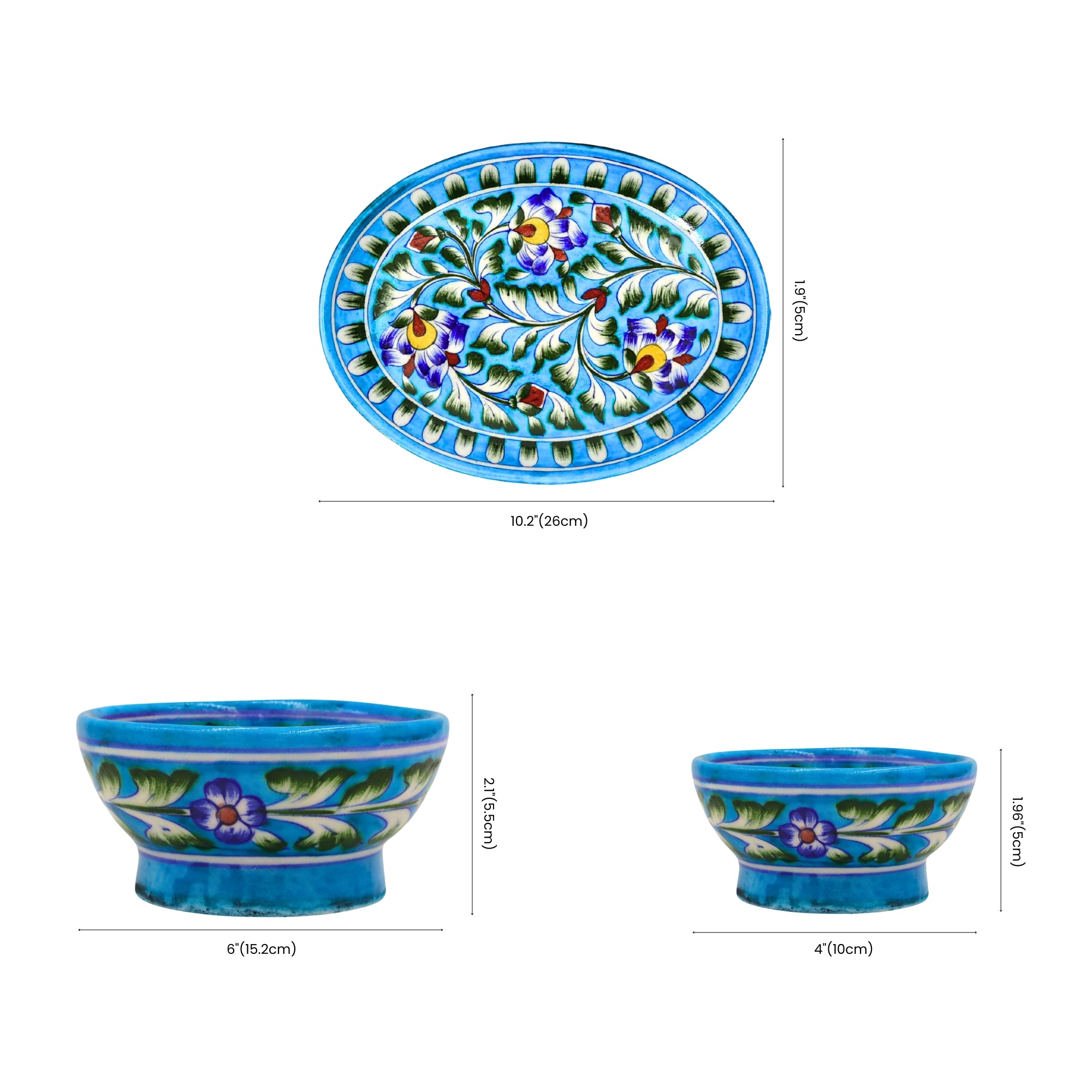 Handcrafted Jaipur Blue Pottery Oval Plate & Bowl Set - Floral  Serveware for Dining & Gifting