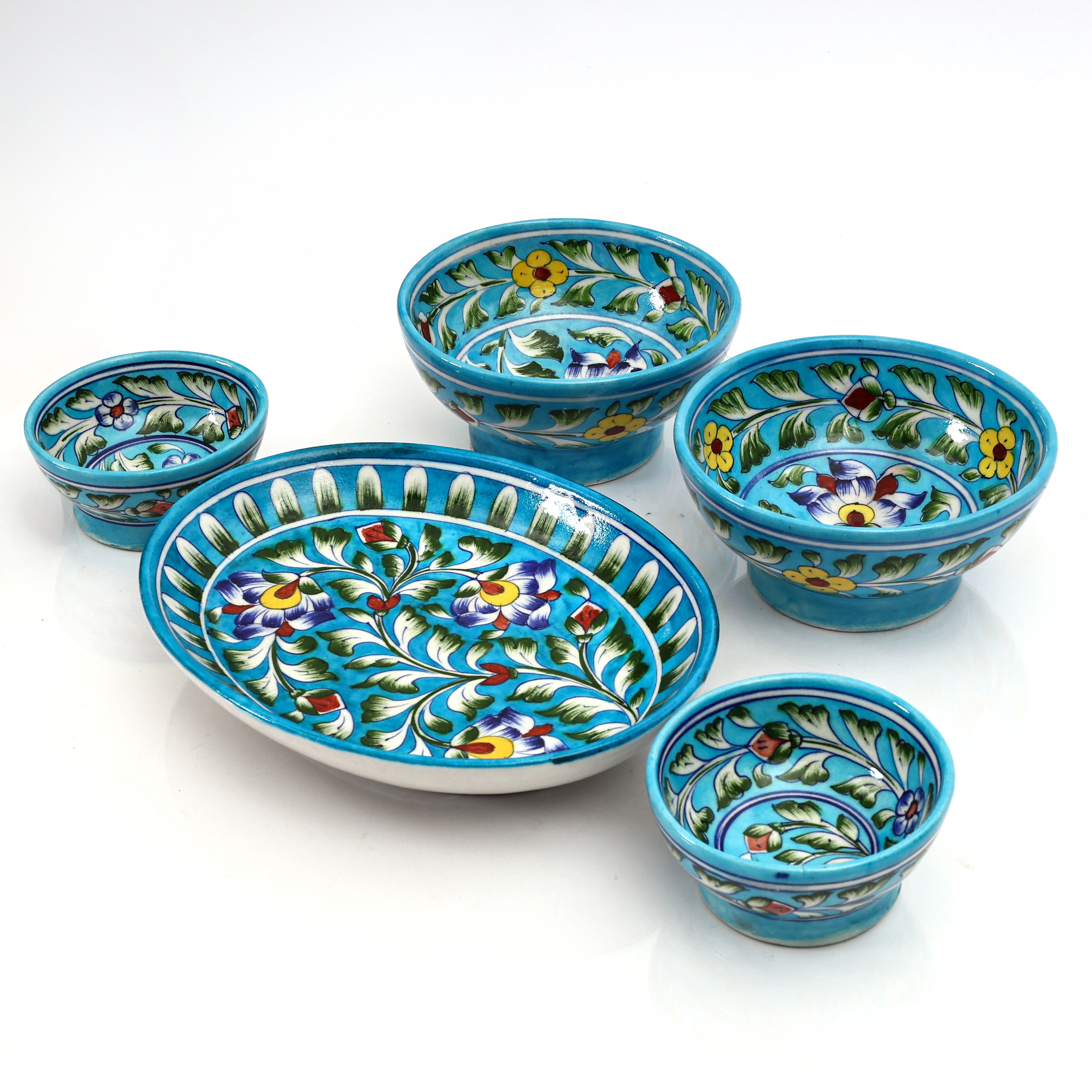 Handcrafted Jaipur Blue Pottery Oval Plate & Bowl Set - Floral  Serveware for Dining & Gifting