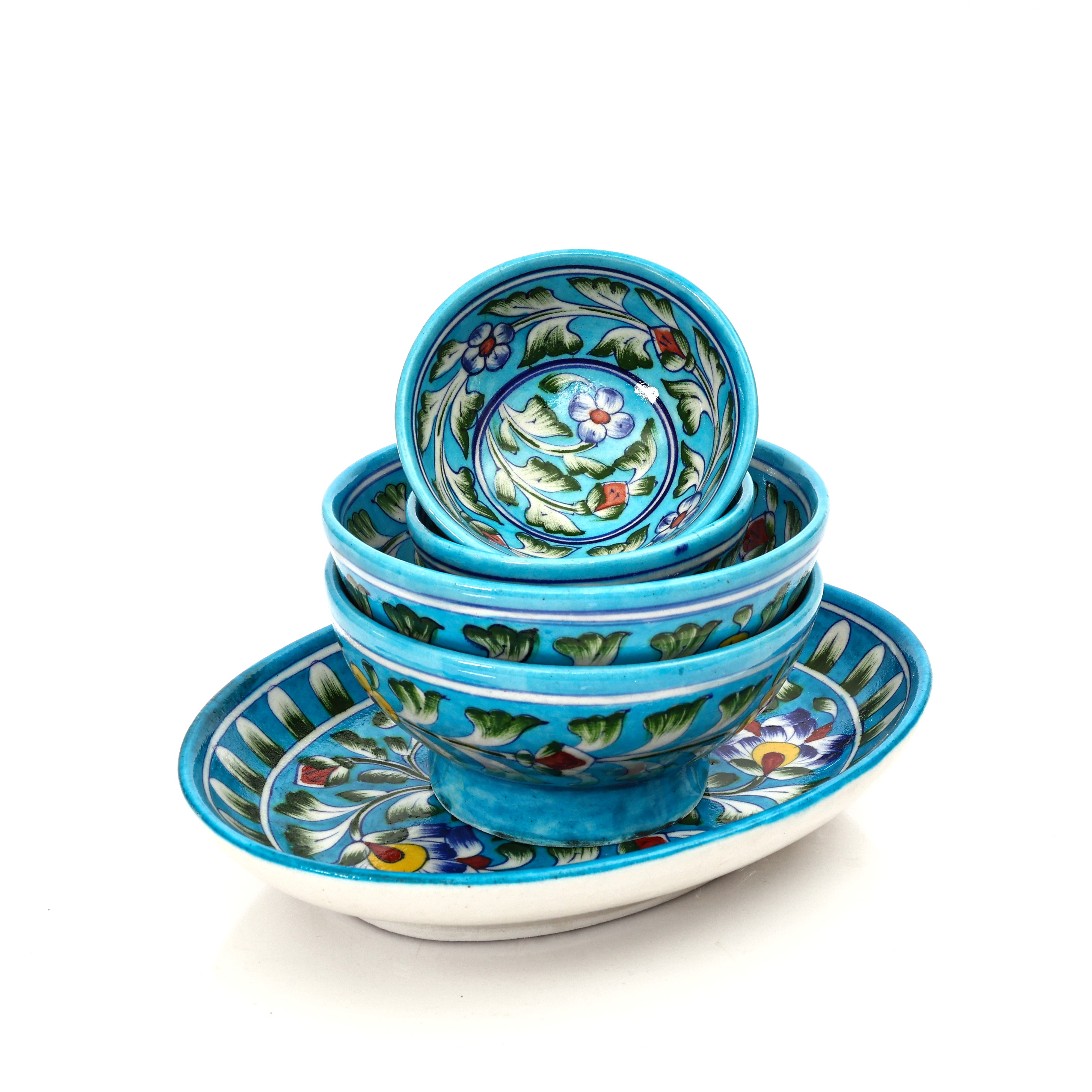 Handcrafted Jaipur Blue Pottery Oval Plate & Bowl Set - Floral  Serveware for Dining & Gifting