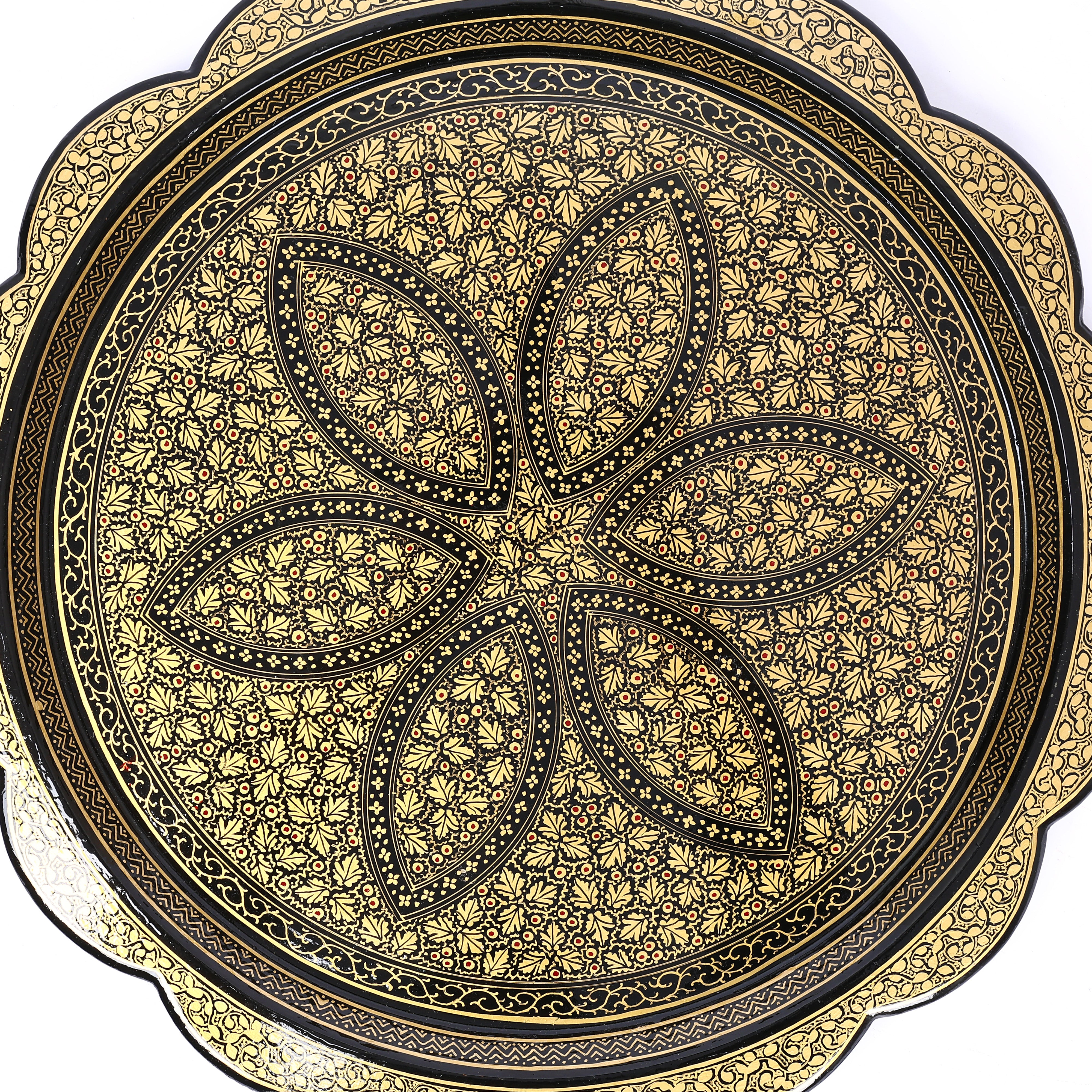 Handcrafted Kashmiri Paper Mache Black and Golden Round Tray—Chinar Leaf Patterns