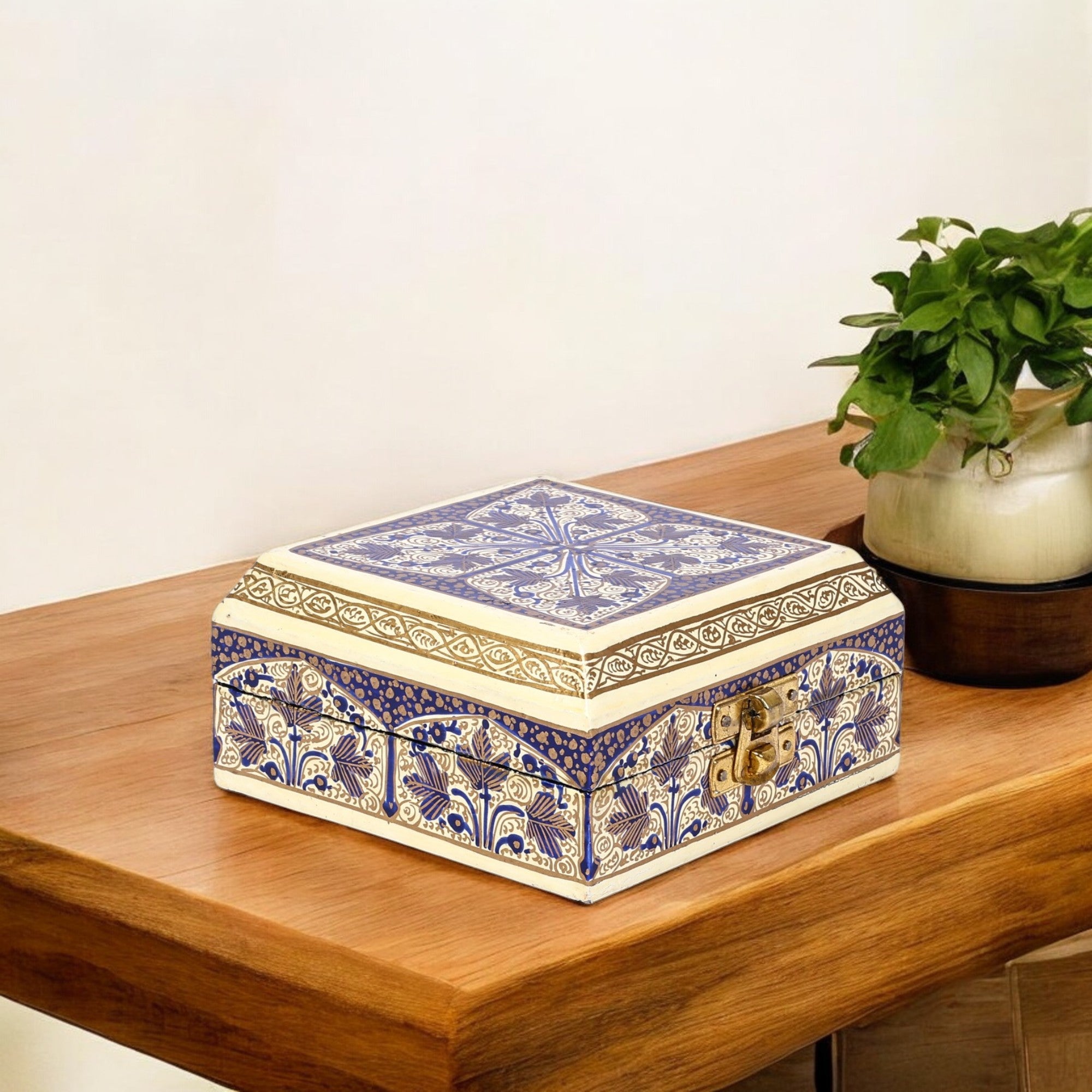 Handcrafted Kashmiri Paper Mache Multi-Storage Square Box—Blue and Pastel Yellow