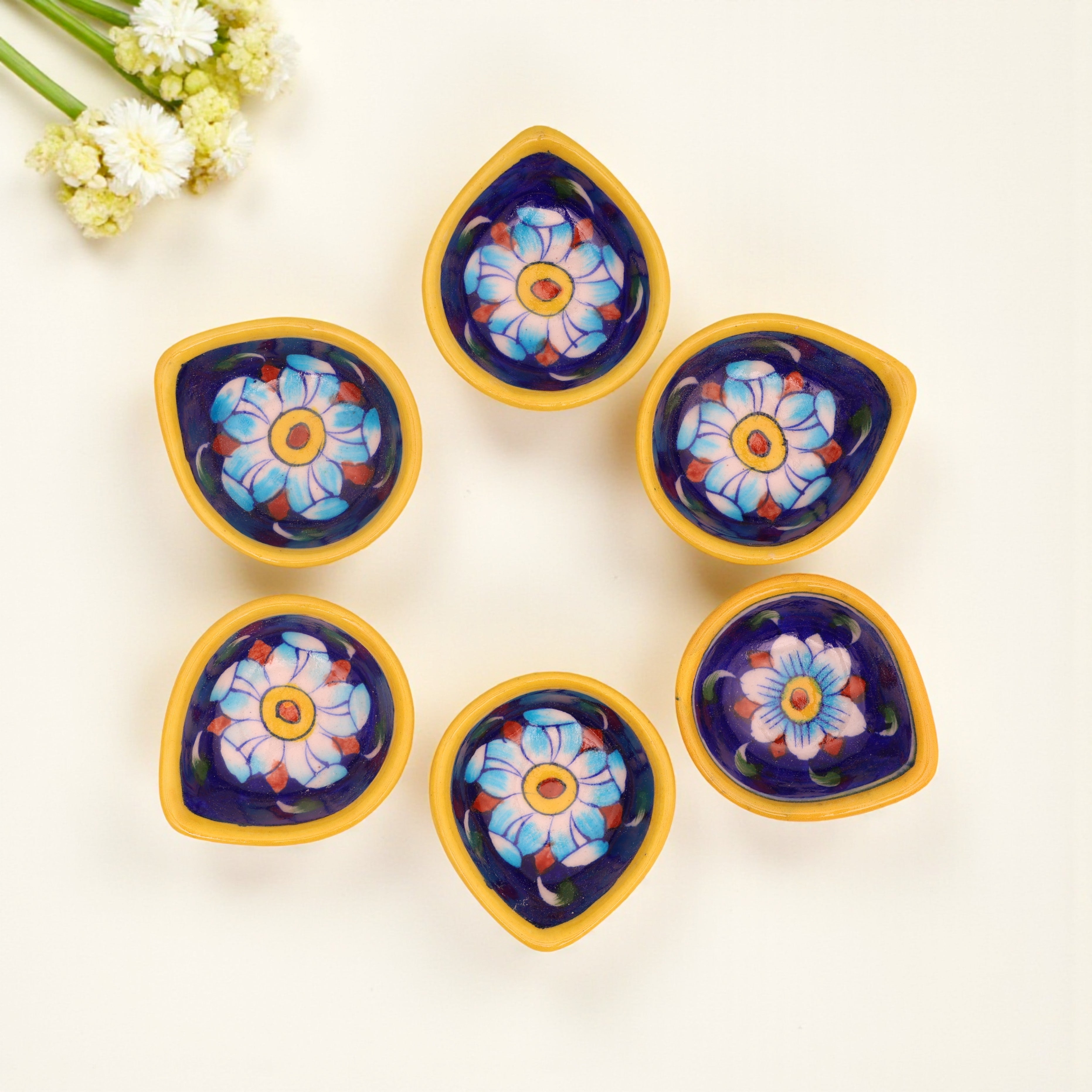 Handcrafted Leaf-Shaped Dual-Tone Blue Pottery Diyas Set 