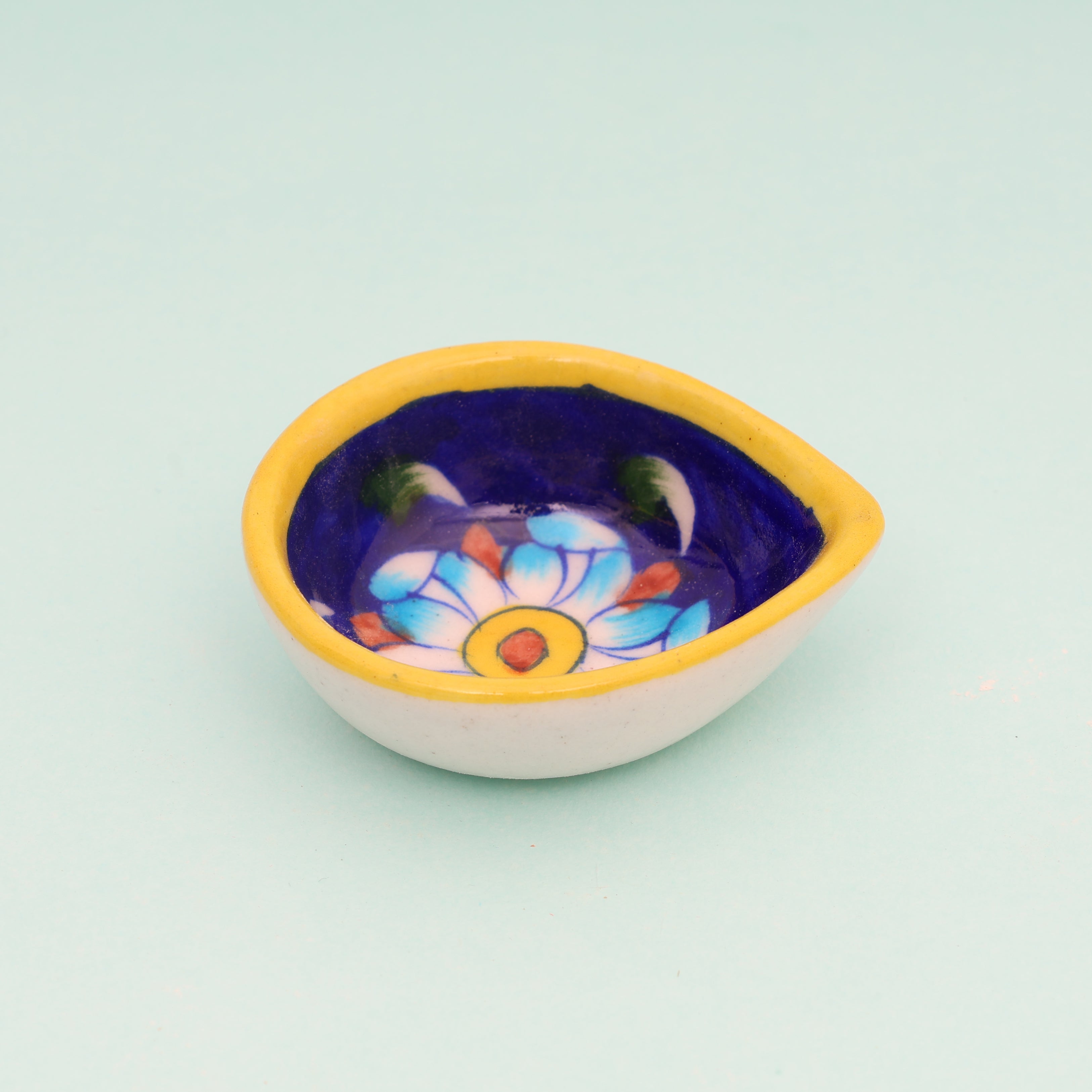 Handcrafted Leaf-Shaped Dual-Tone Blue Pottery Diyas Set 