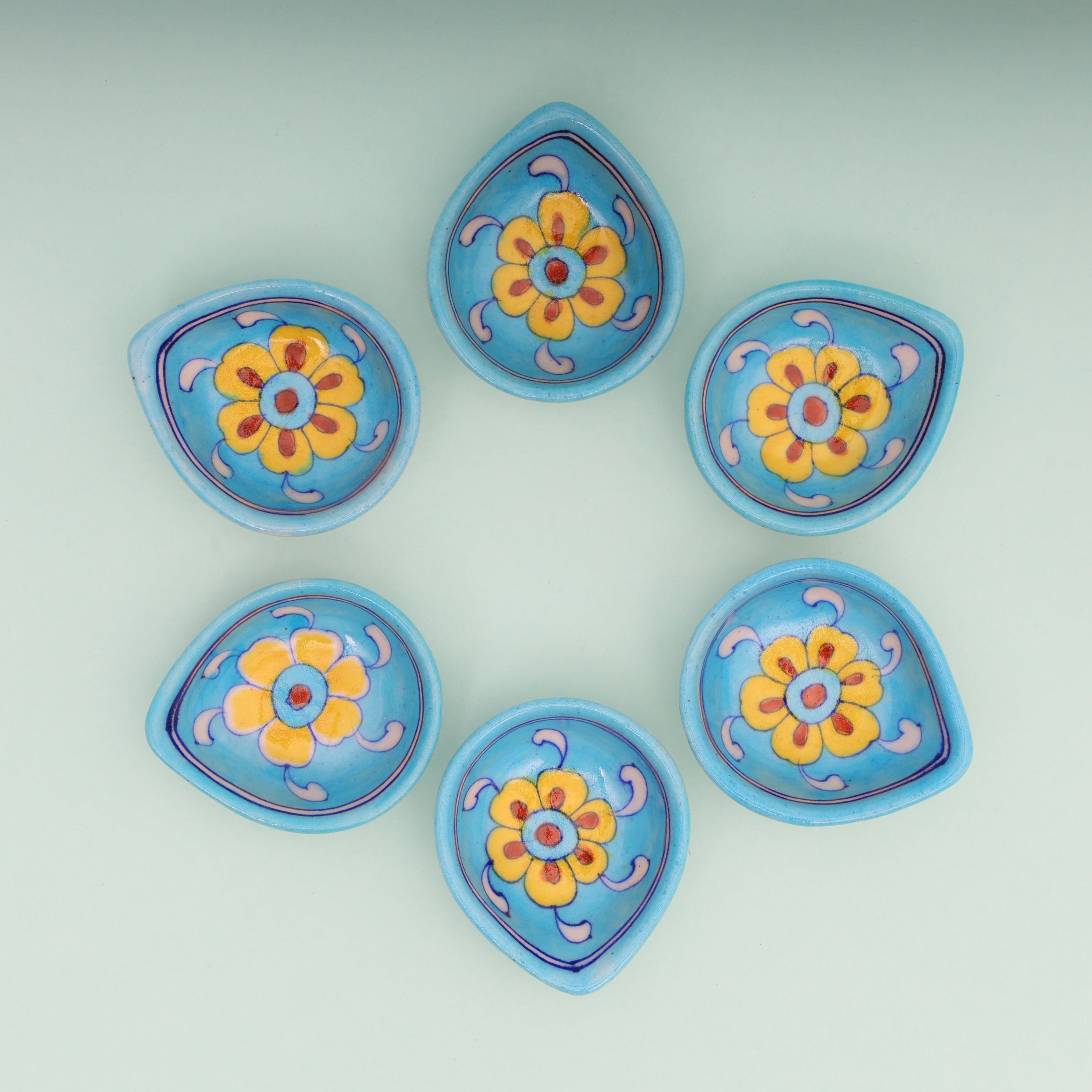 Handcrafted Light Blue - Blue Pottery Diyas Set - Leaf-Shaped
