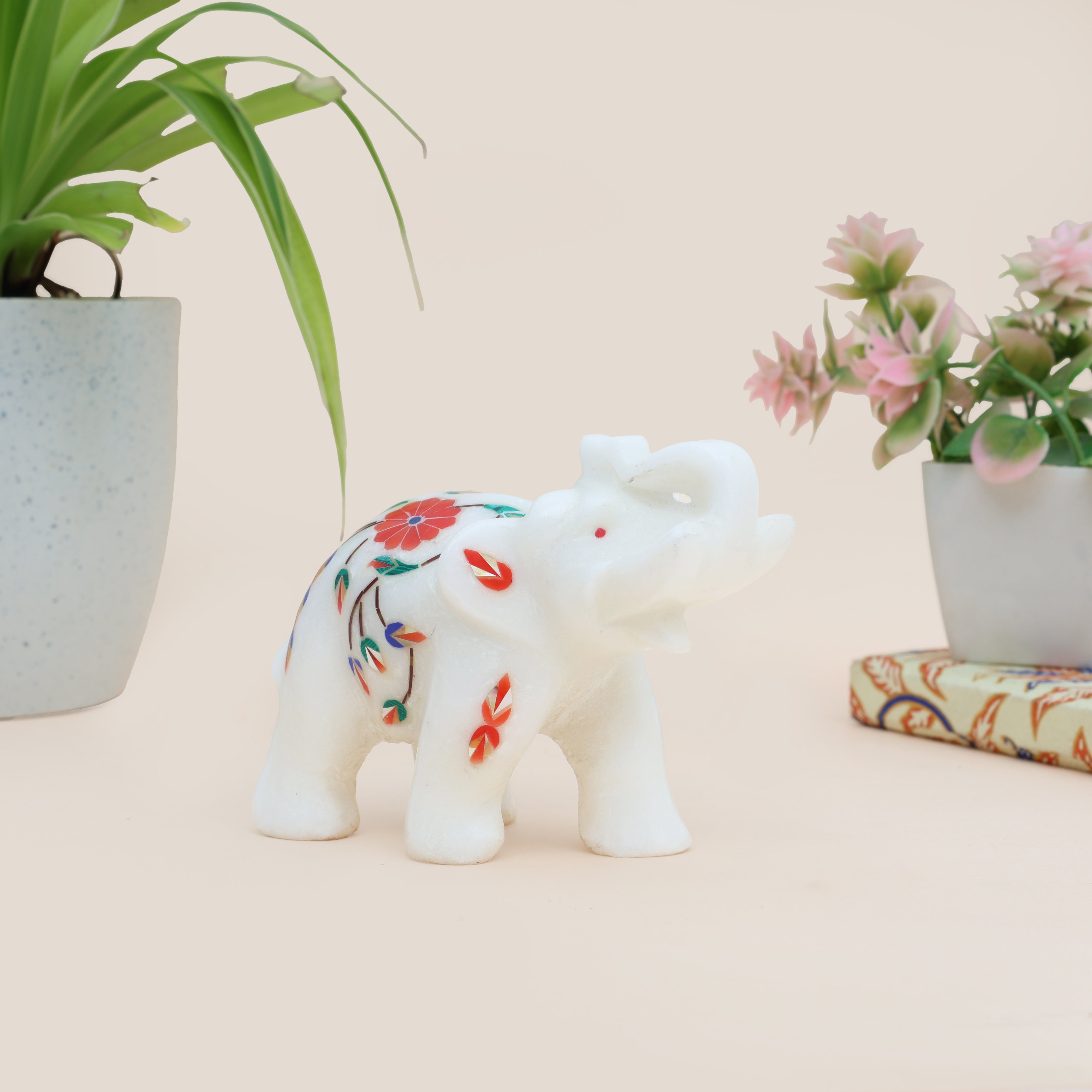 Handcrafted Marble Inlay Elephant (Orange/Royal Blue) – Pacchikari Stone Inlay Technique