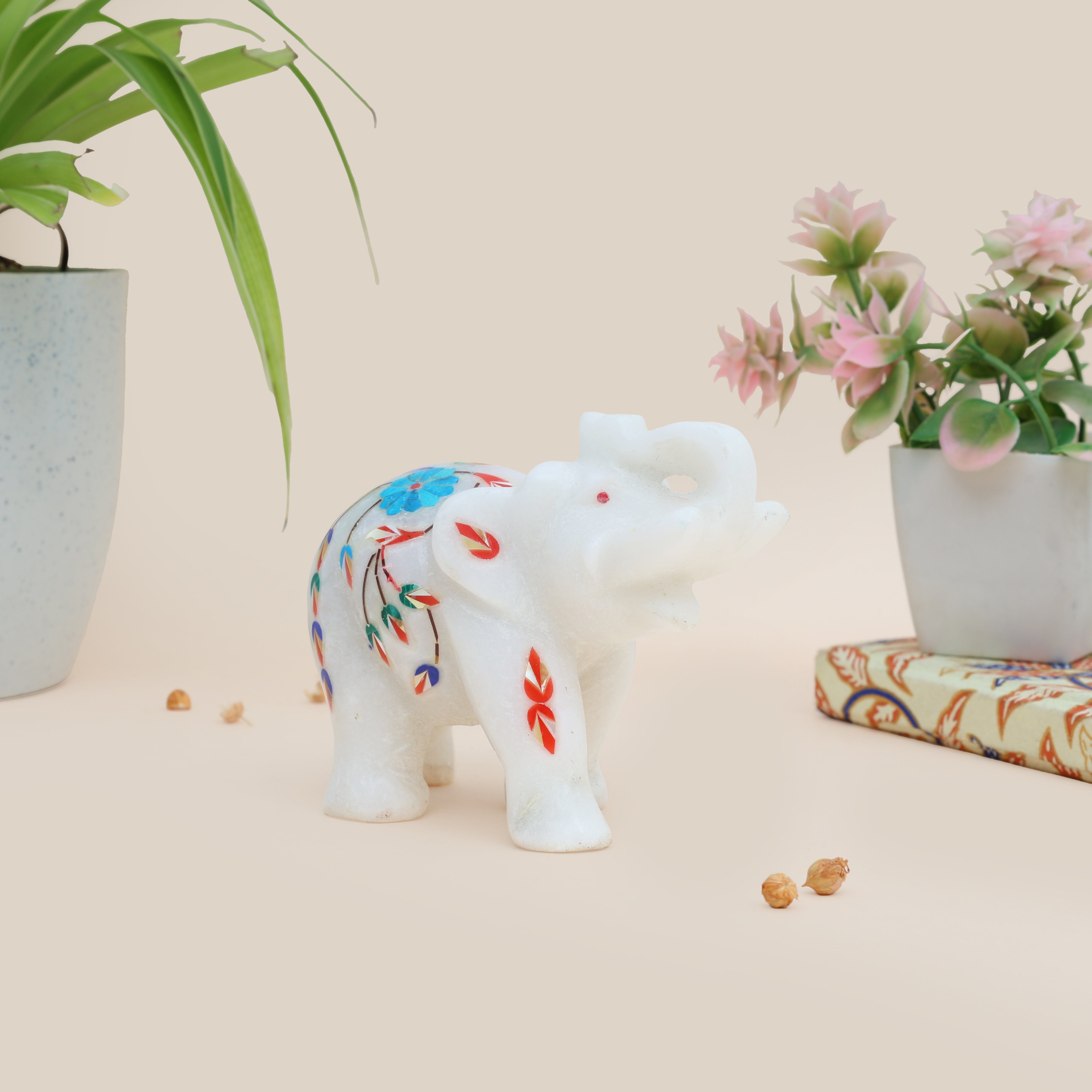 Handcrafted Marble Inlay Elephant (Turquoise)