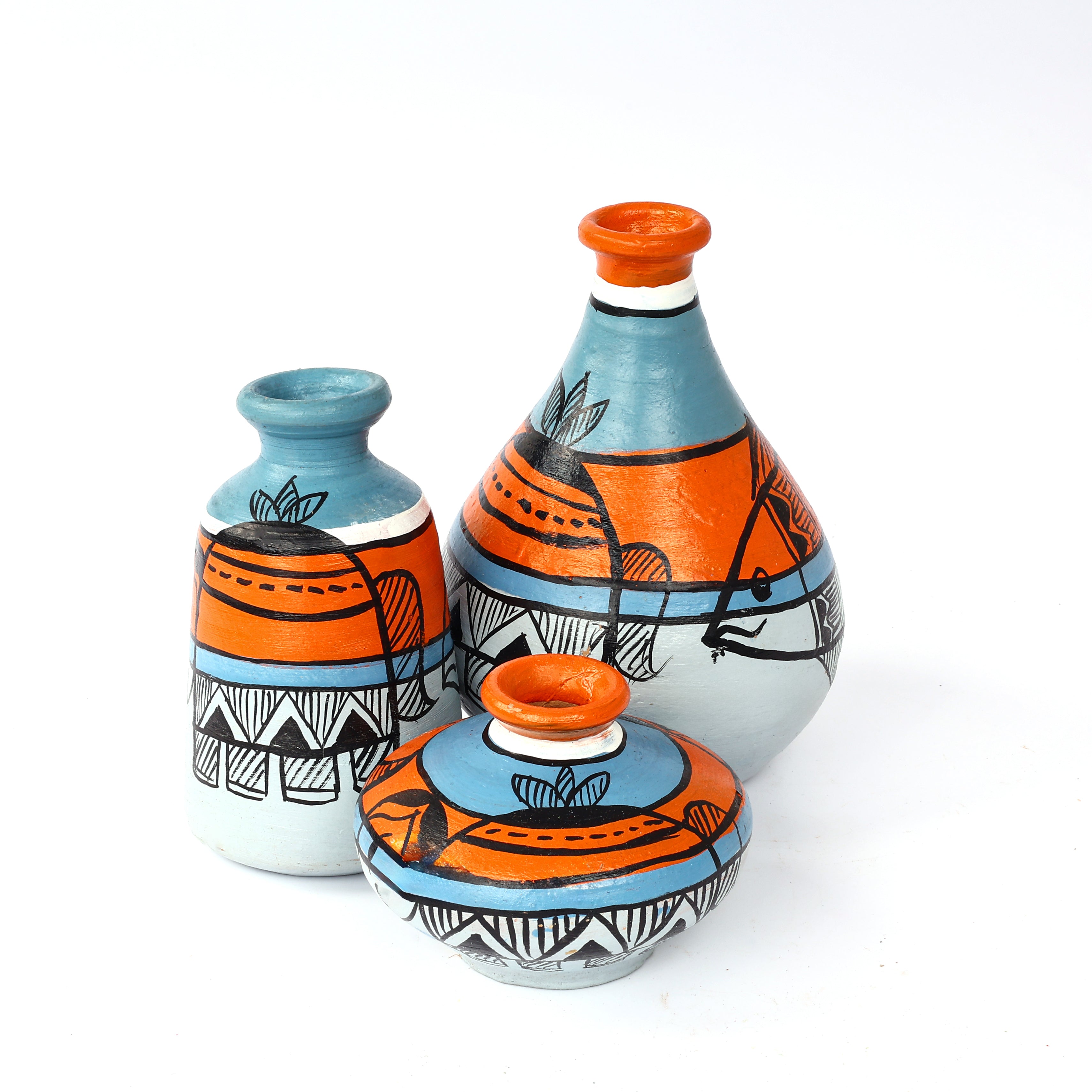 Handcrafted Multicolour Terracotta Pots for Home Decor - Set of 3 - Madhubani Hand Painting