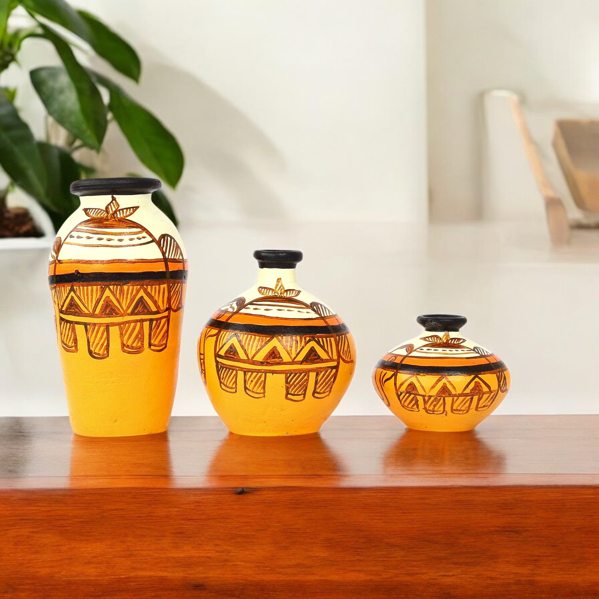 Handcrafted Orange and yellow Terracotta Pots for Home Decor - Set of 3 - Madhubani Hand Painting