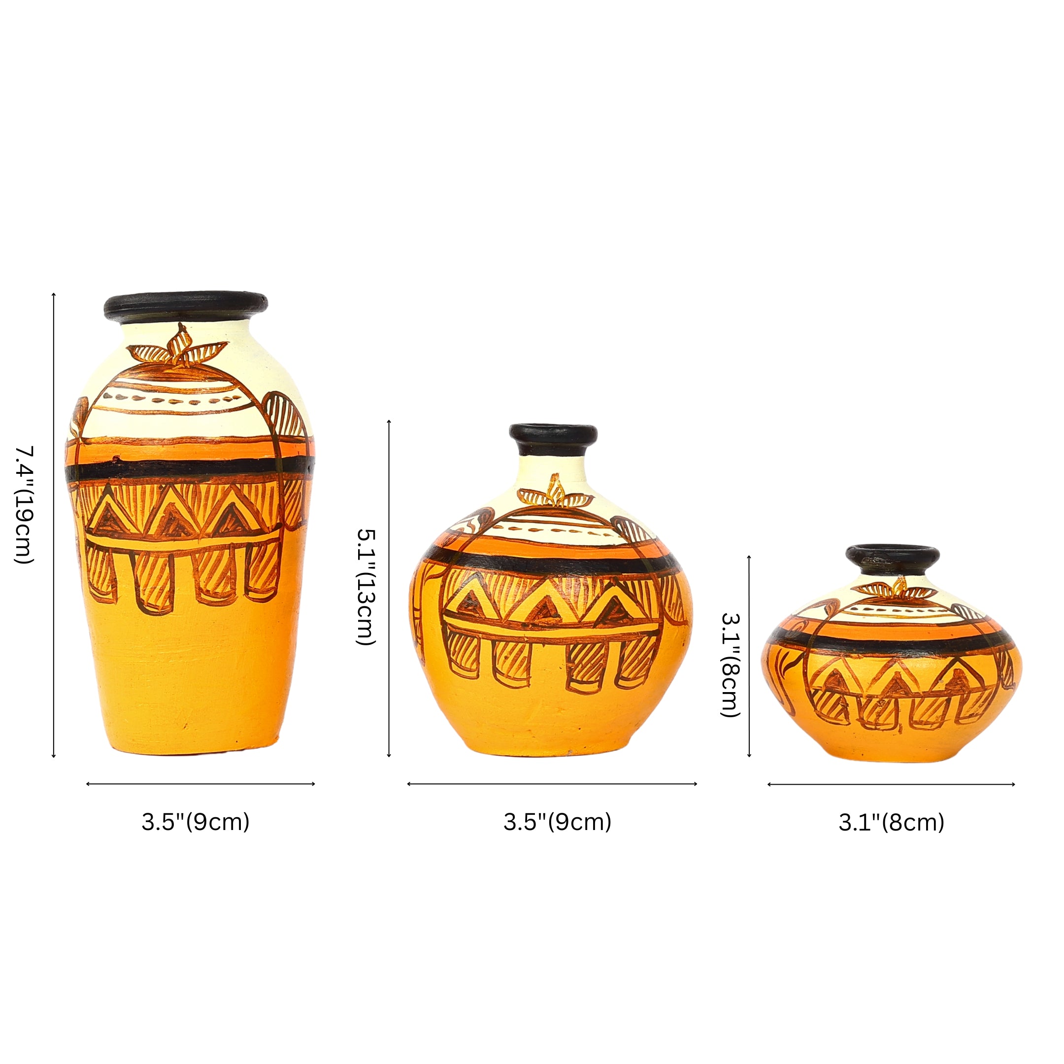 Handcrafted Orange and yellow Terracotta Pots for Home Decor - Set of 3 - Madhubani Hand Painting