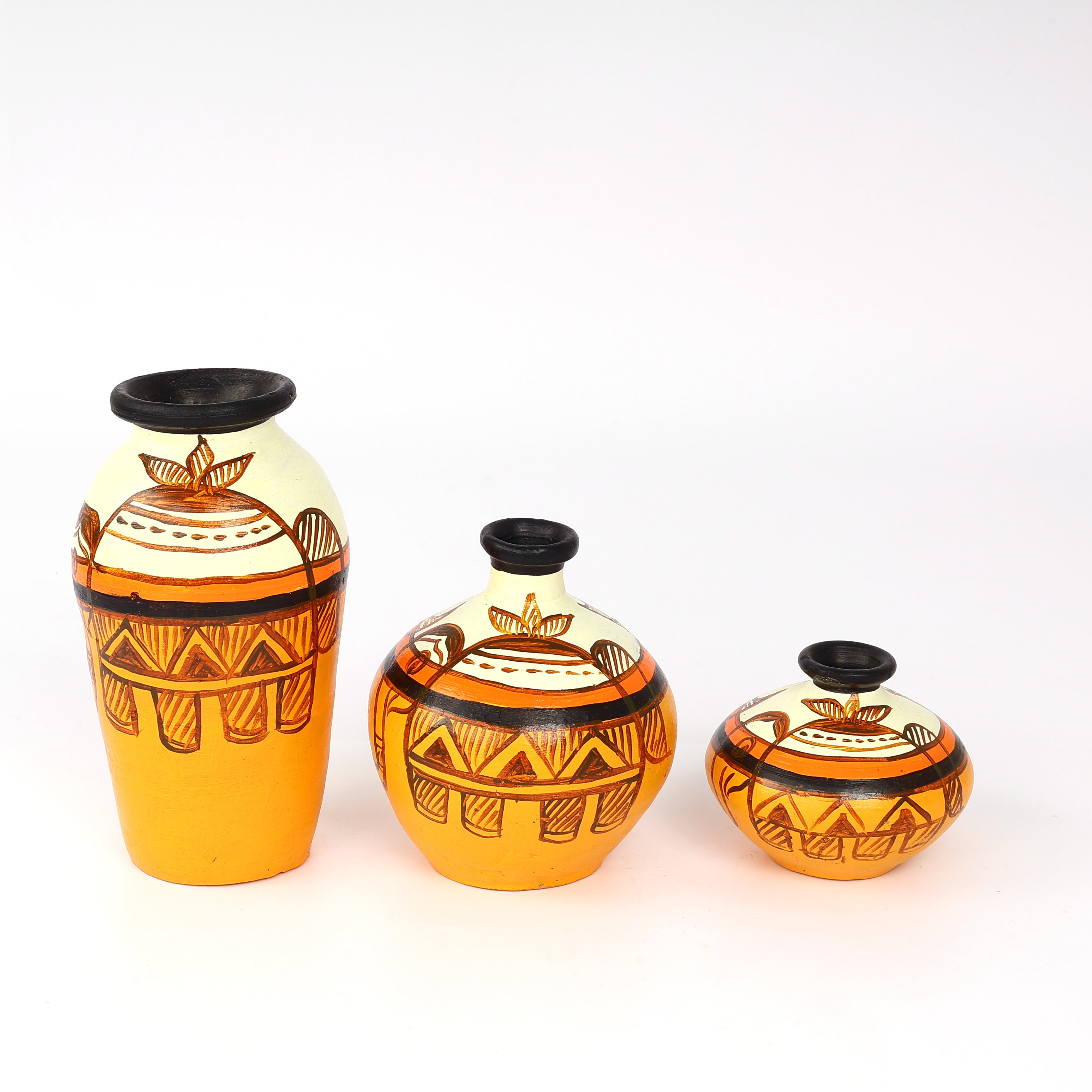 Handcrafted Orange and yellow Terracotta Pots for Home Decor - Set of 3 - Madhubani Hand Painting