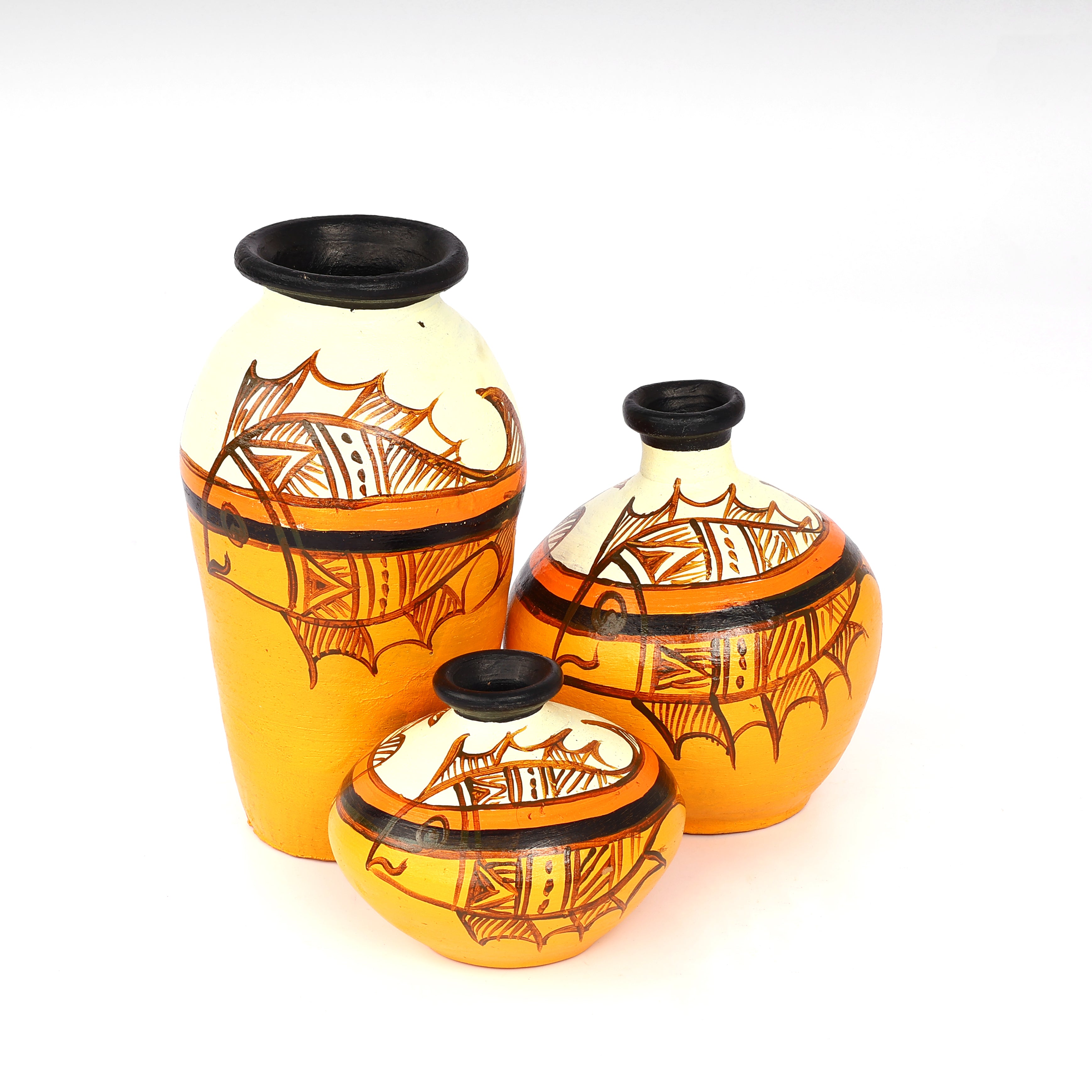 Handcrafted Orange and yellow Terracotta Pots for Home Decor - Set of 3 - Madhubani Hand Painting