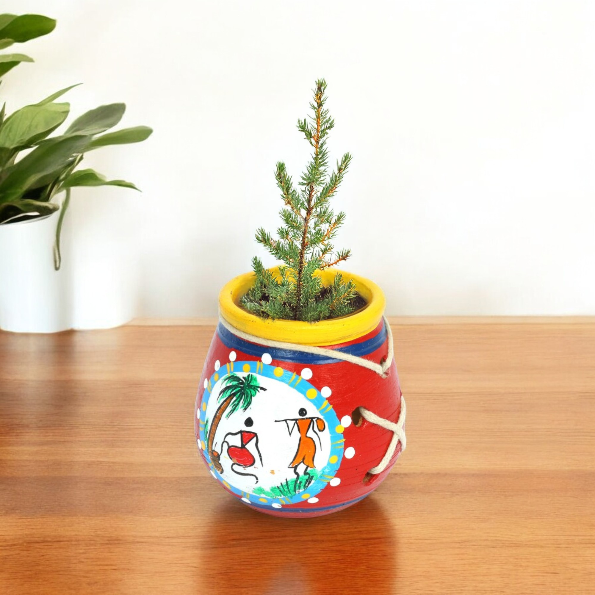 Handcrafted Red Terracotta Planter - Warli Hand Painting