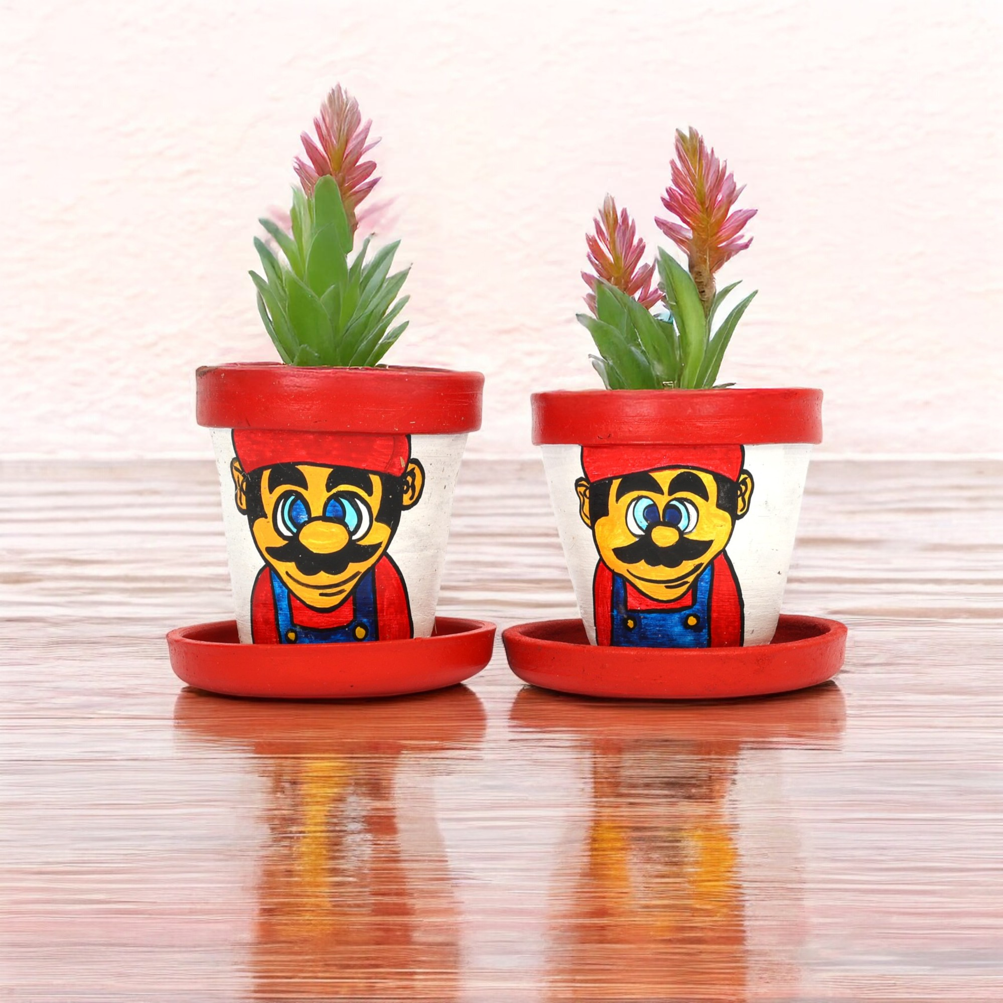 Handcrafted Red and White Terracotta Planters - Set of 2  - Mario Hand Painting