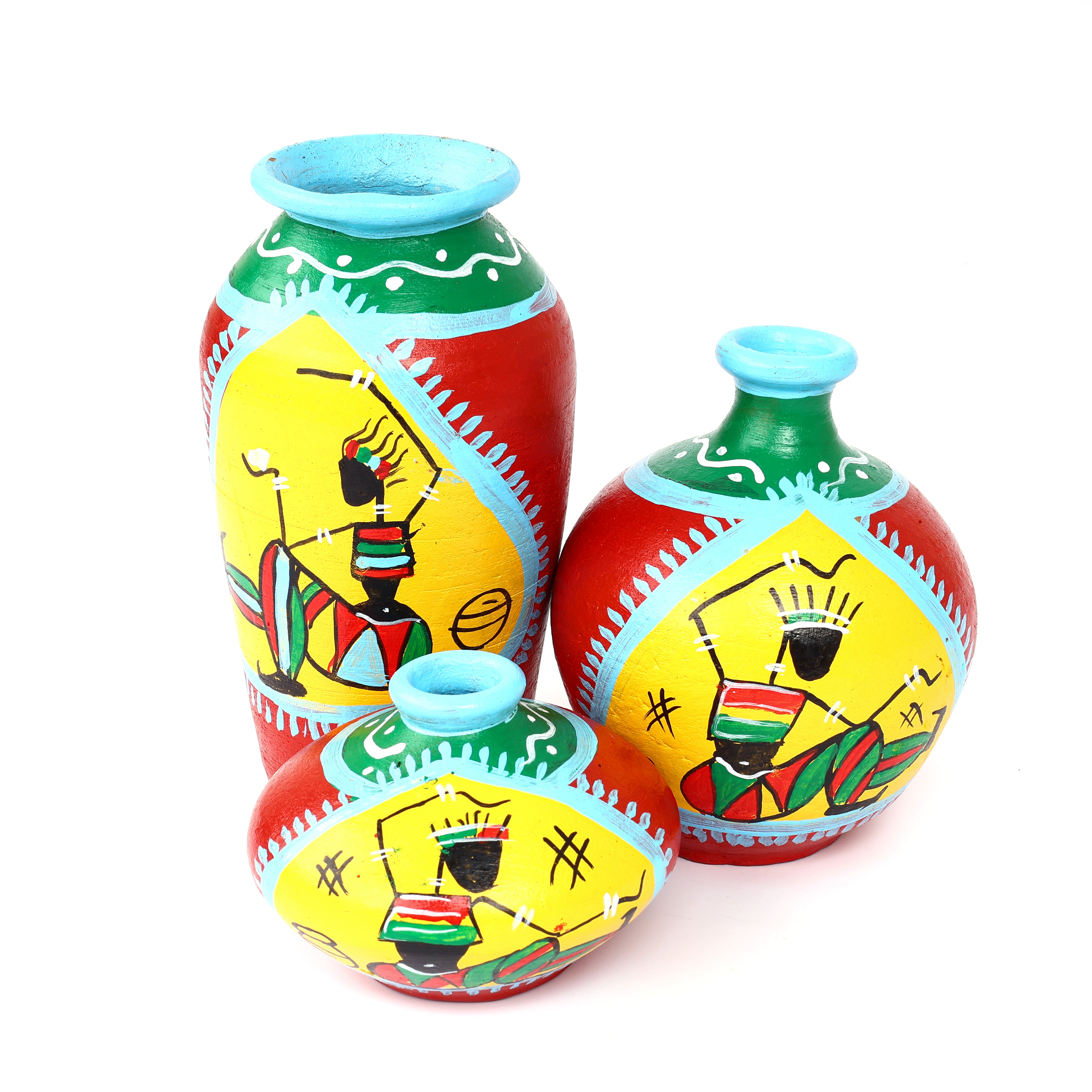 Handcrafted Red and Yellow Terracotta Pots for Home Decor - Set of 3 - Warli Hand Painting