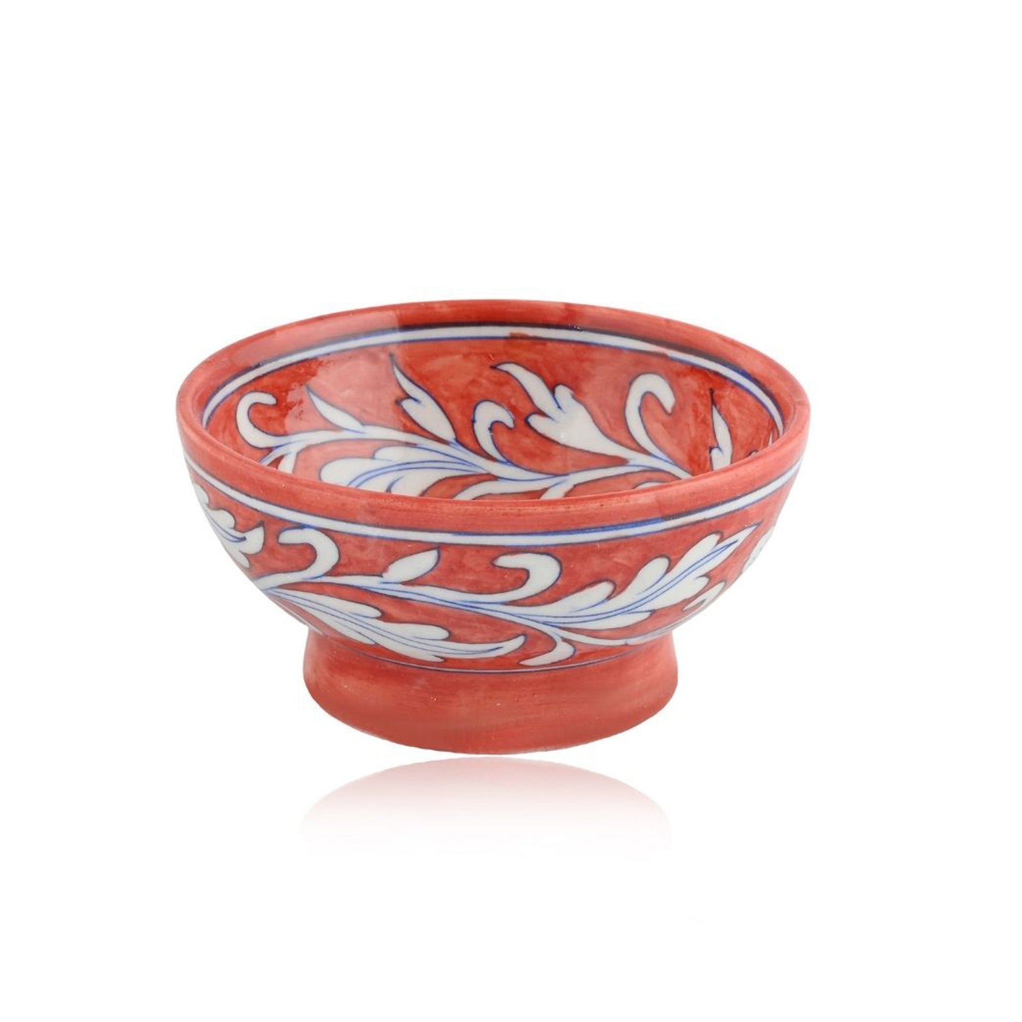 Handcrafted Reddish Brown Round Blue Pottery Bowls—Set of 2—Floral Pattern—6”