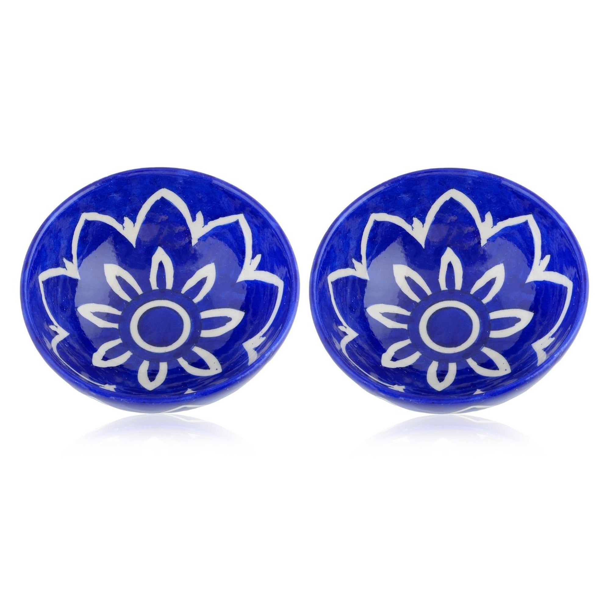 Handcrafted Round Blue Pottery Bowls—Set of 2—Floral Pattern—6”