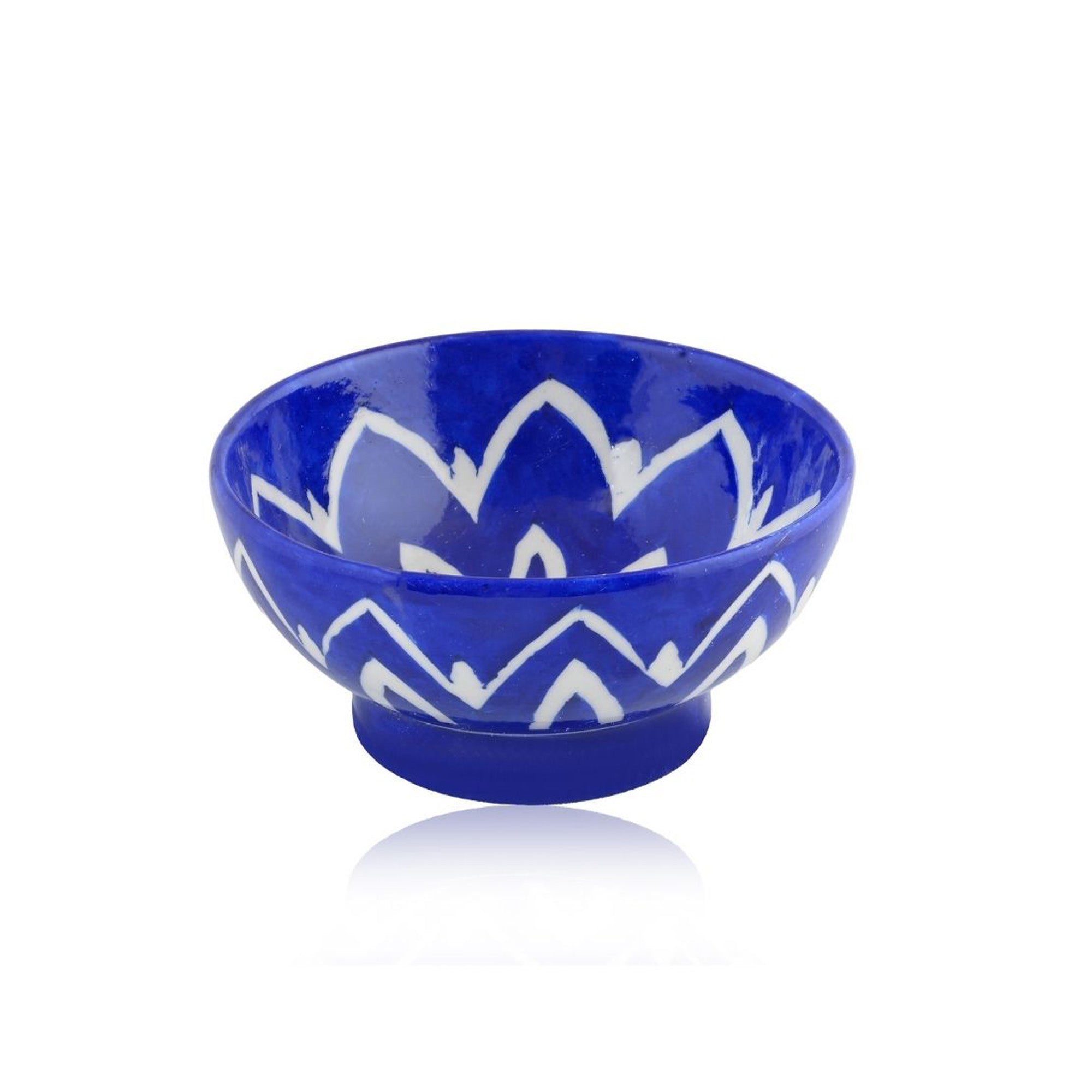Handcrafted Round Blue Pottery Bowls—Set of 2—Floral Pattern—6”