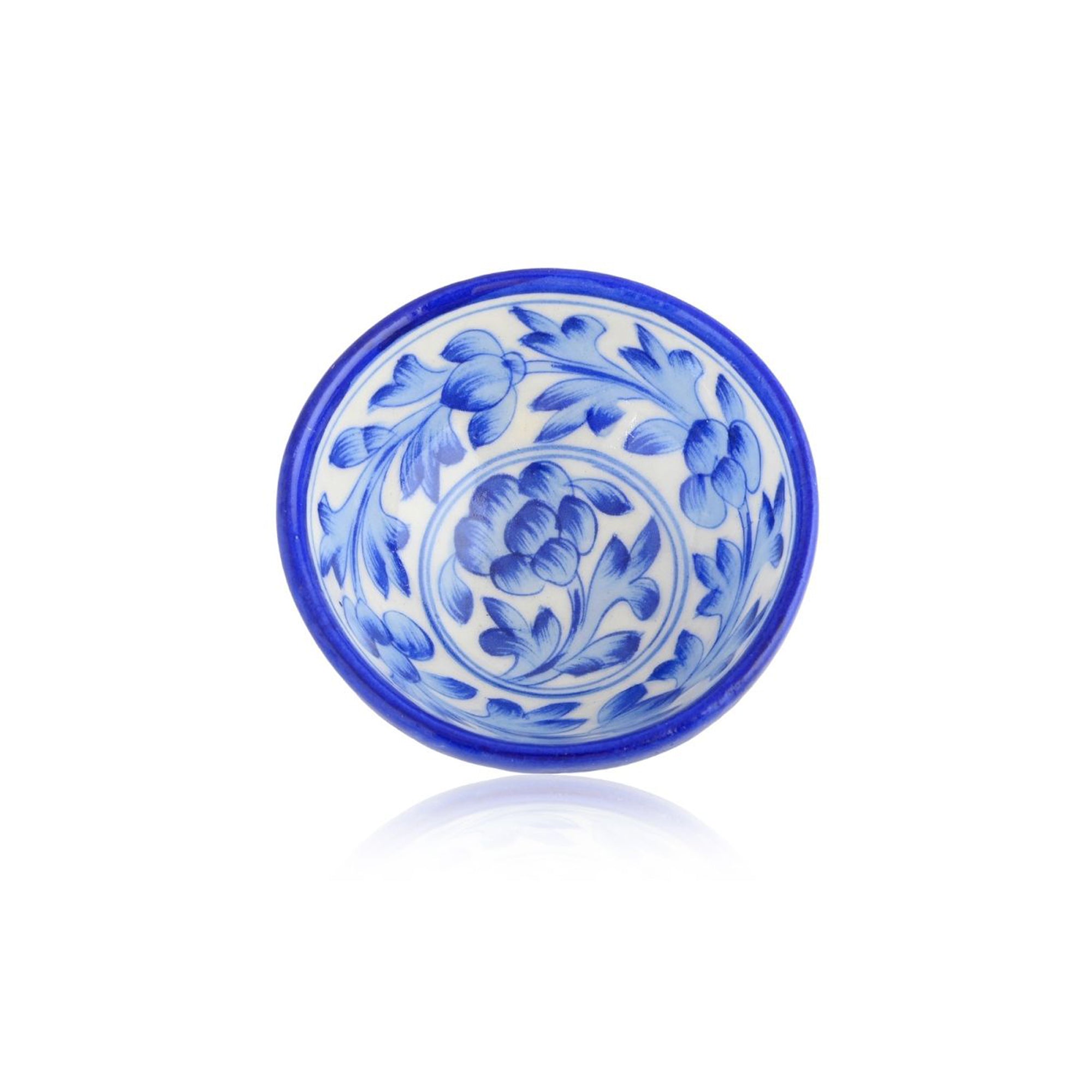 Handcrafted Round Blue Pottery Bowls—Set of 2—Floral Patterns—6”