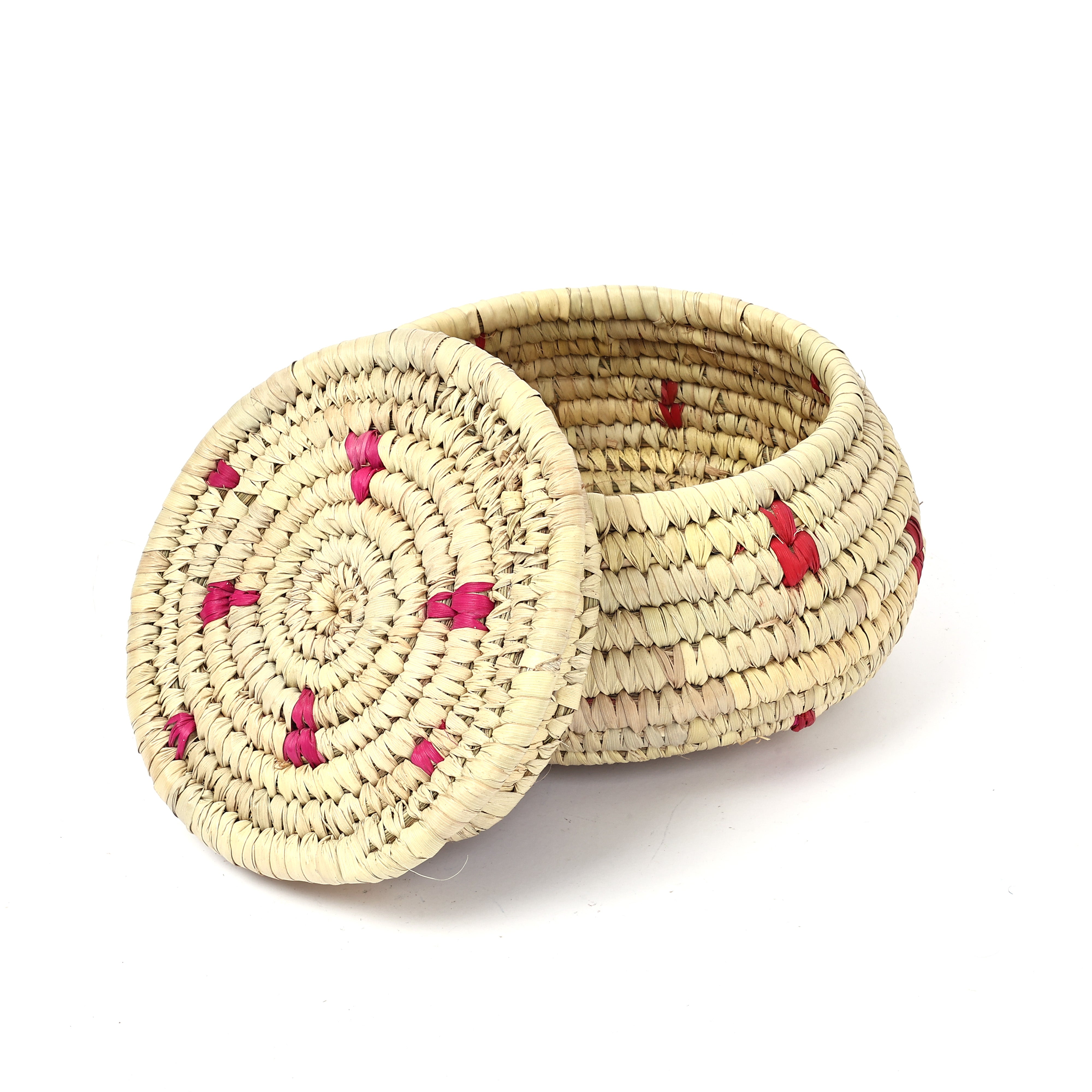 Handcrafted Sabai Grass Round Storage Box—Beige and Pink