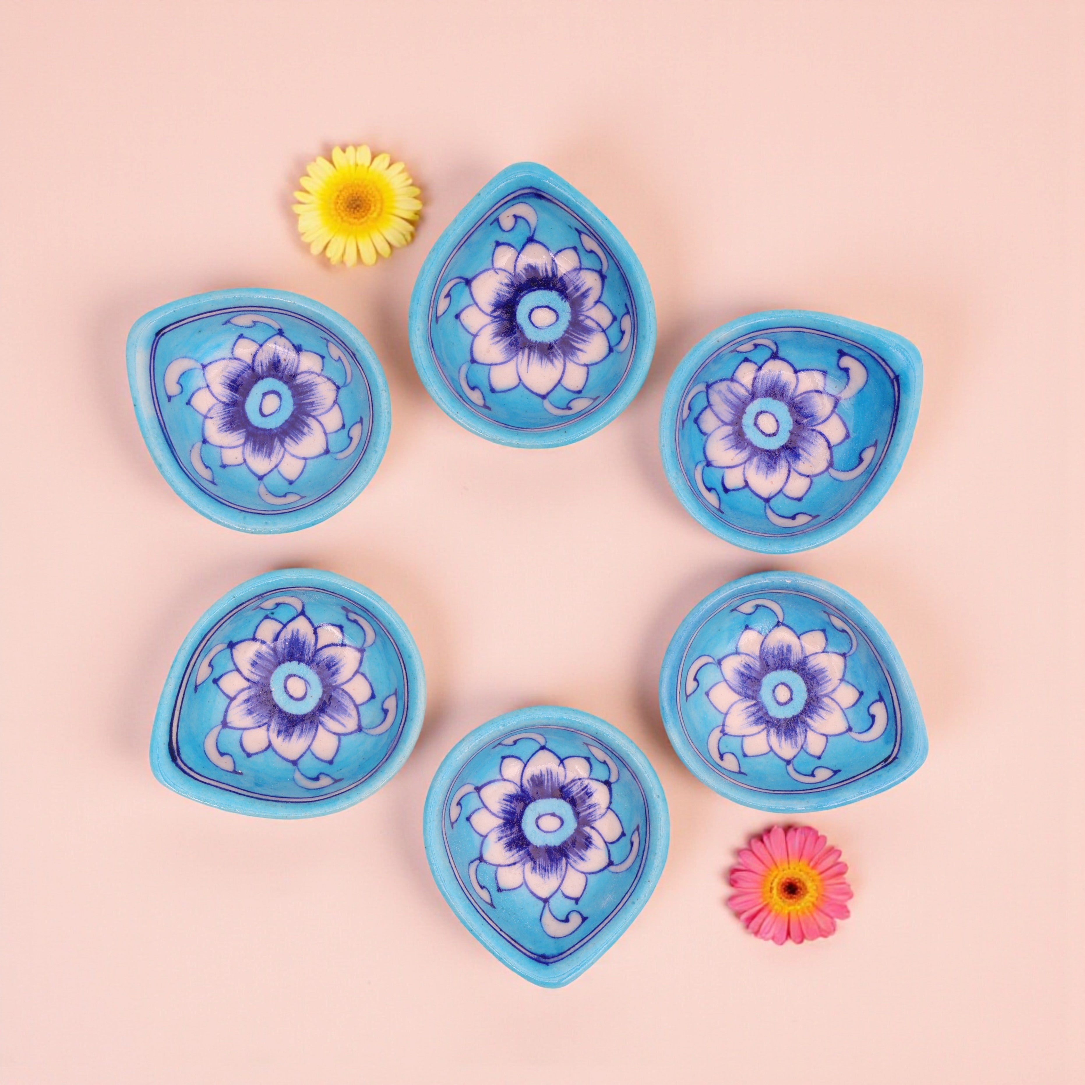 Handcrafted Sky Blue Blue Pottery Diyas  Set - Floral Design