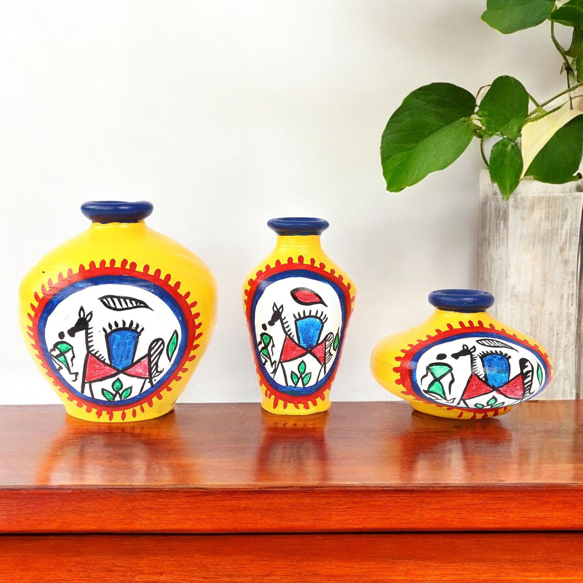 Handcrafted Terracotta Pots for Home Decor - Set of 3 - Warli Hand Painting - Yellow