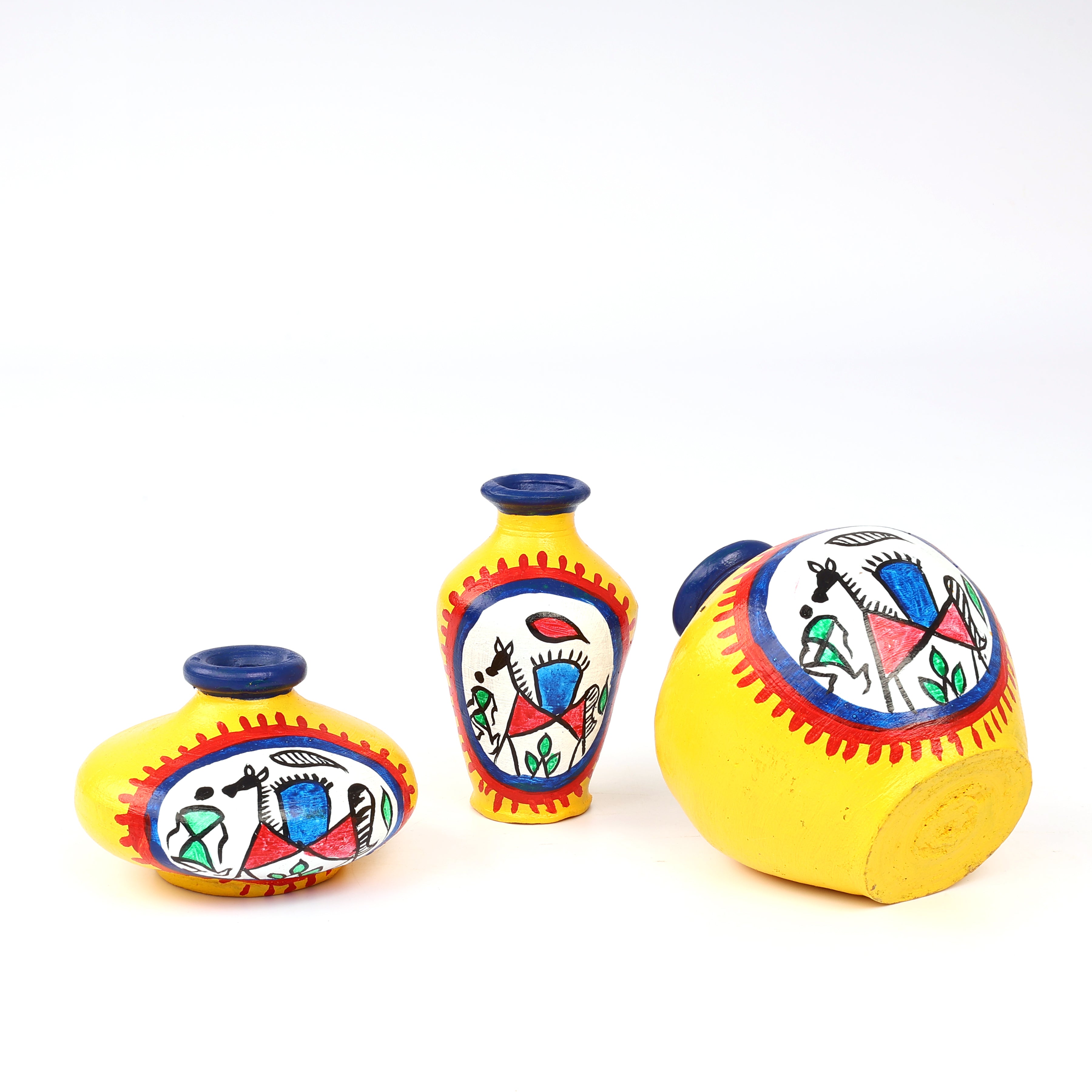 Handcrafted Terracotta Pots for Home Decor - Set of 3 - Warli Hand Painting - Yellow