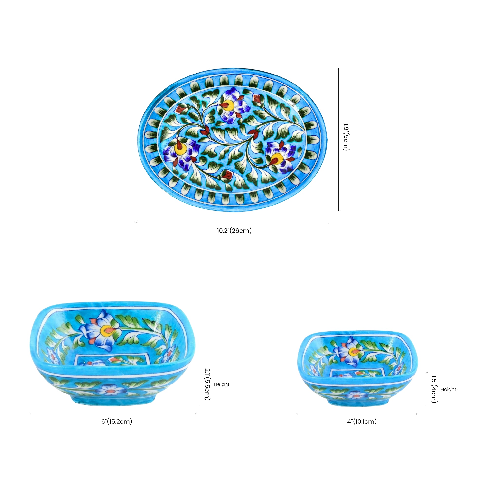 Handcrafted Turquoise Blue Pottery Oval Plate & Bowl Set - Floral Serveware for Dining & Gifting