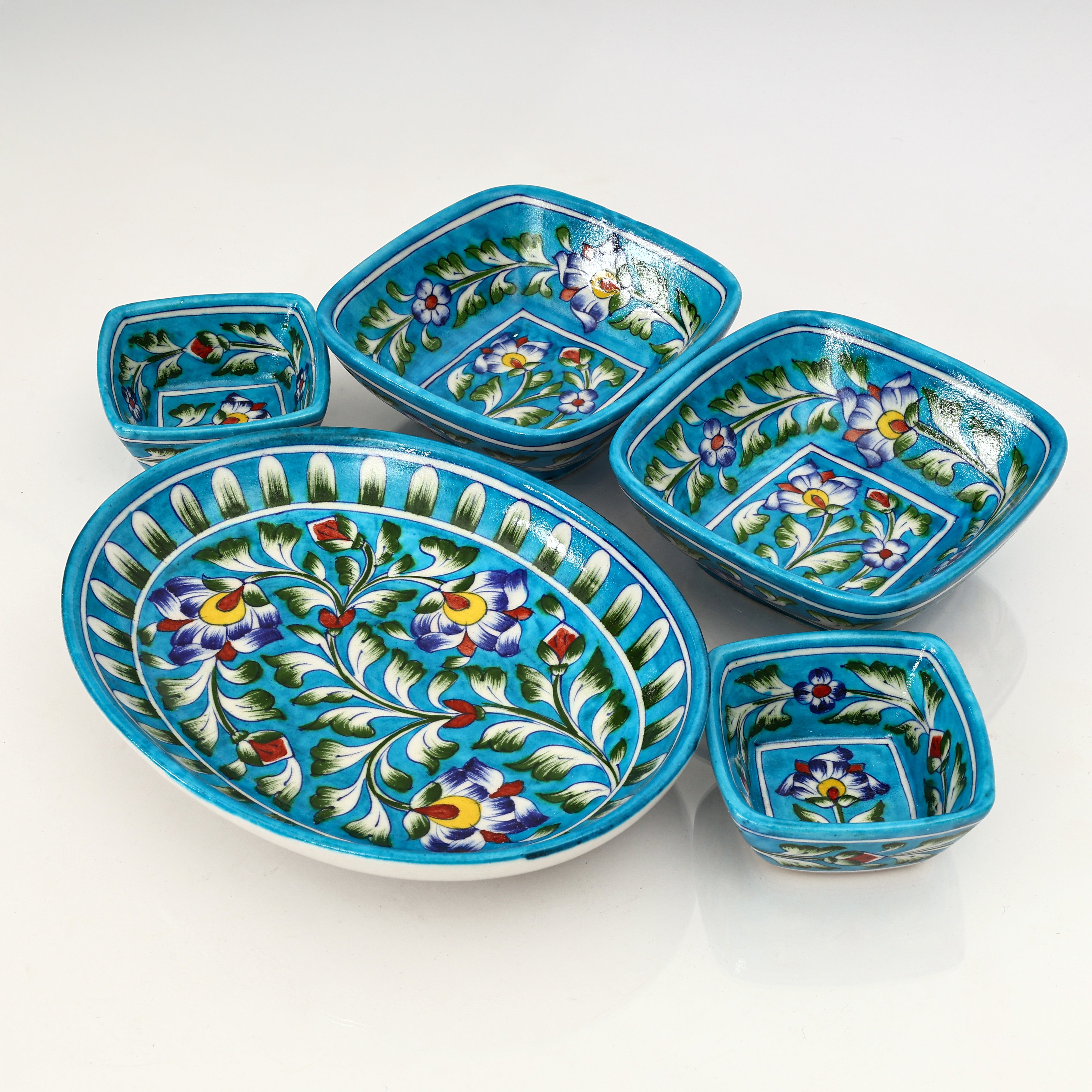 Handcrafted Turquoise Blue Pottery Oval Plate & Bowl Set - Floral Serveware for Dining & Gifting