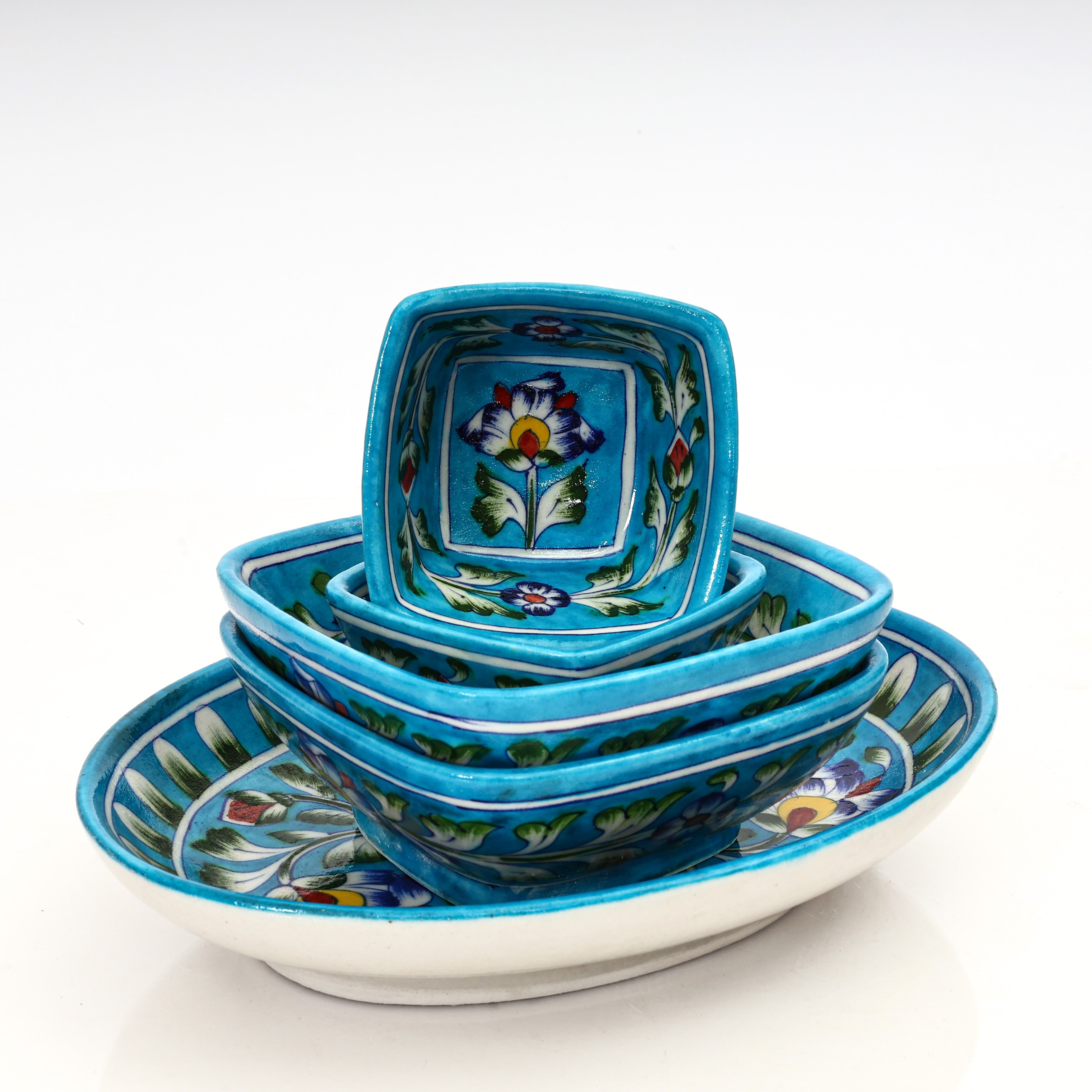 Handcrafted Turquoise Blue Pottery Oval Plate & Bowl Set - Floral Serveware for Dining & Gifting