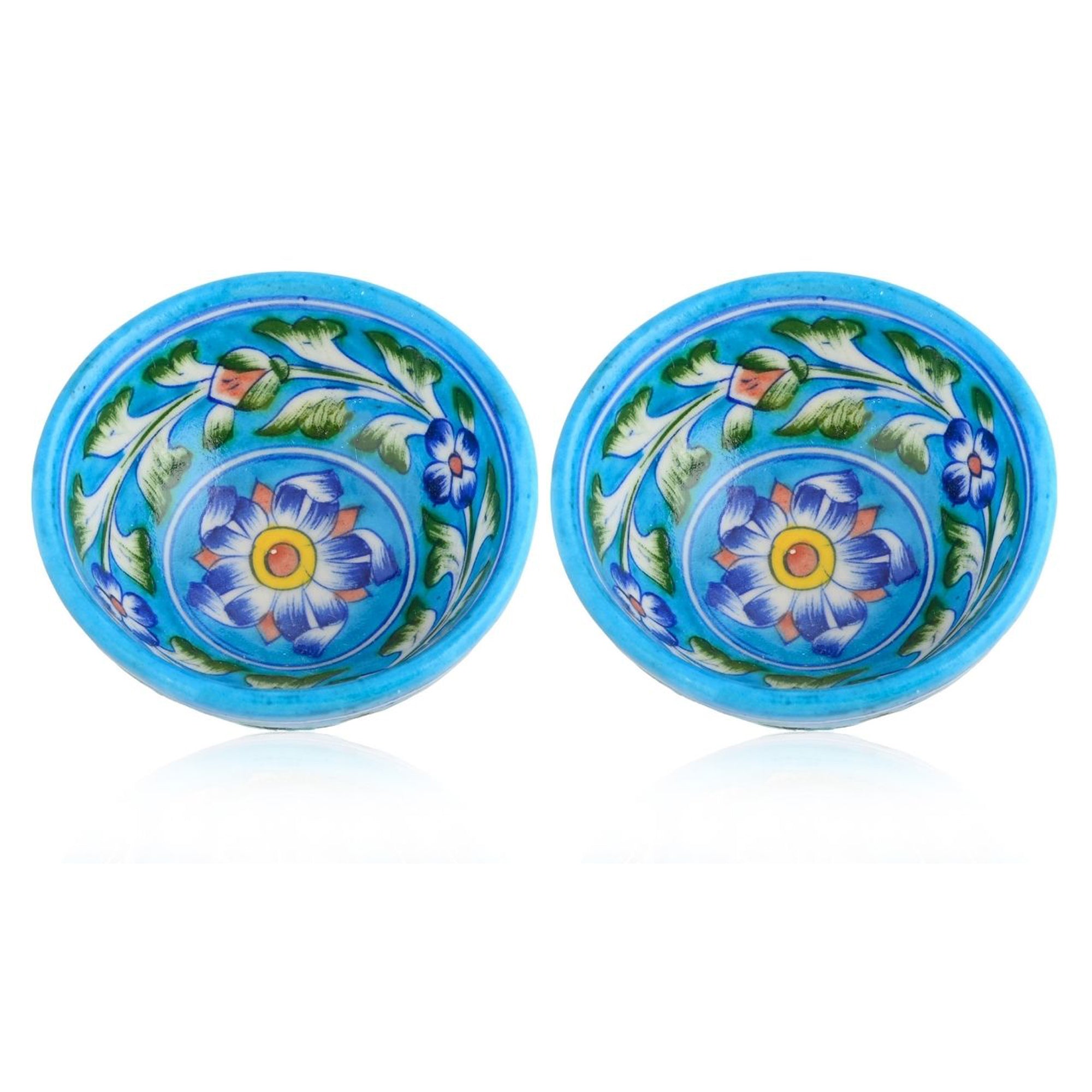 Handcrafted Turquoise Colour Round Blue Pottery Bowls—Set of 2—Floral Pattern—6”