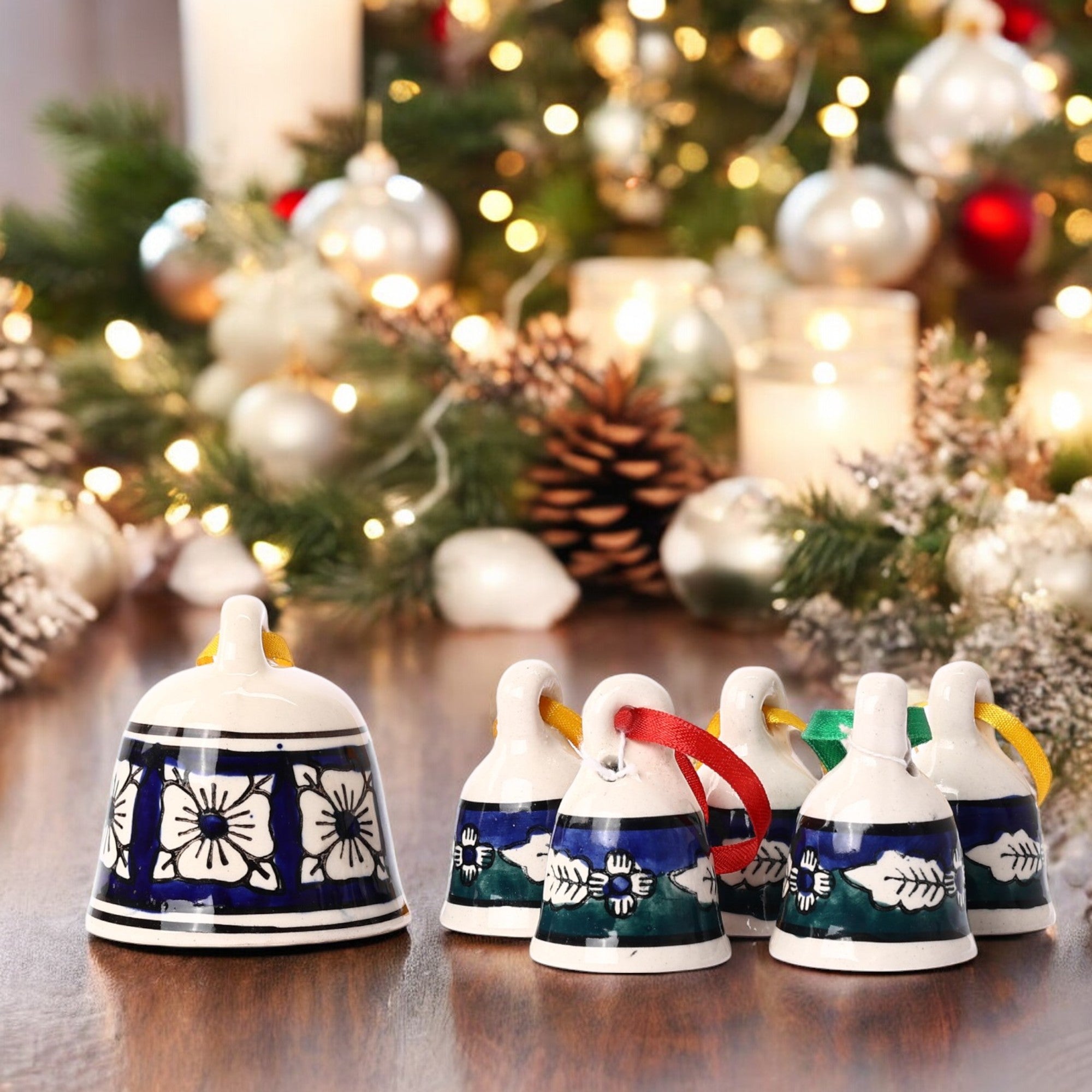 Handcrafted White, Blue and Green Ceramic Hanging Bells—Set of 5