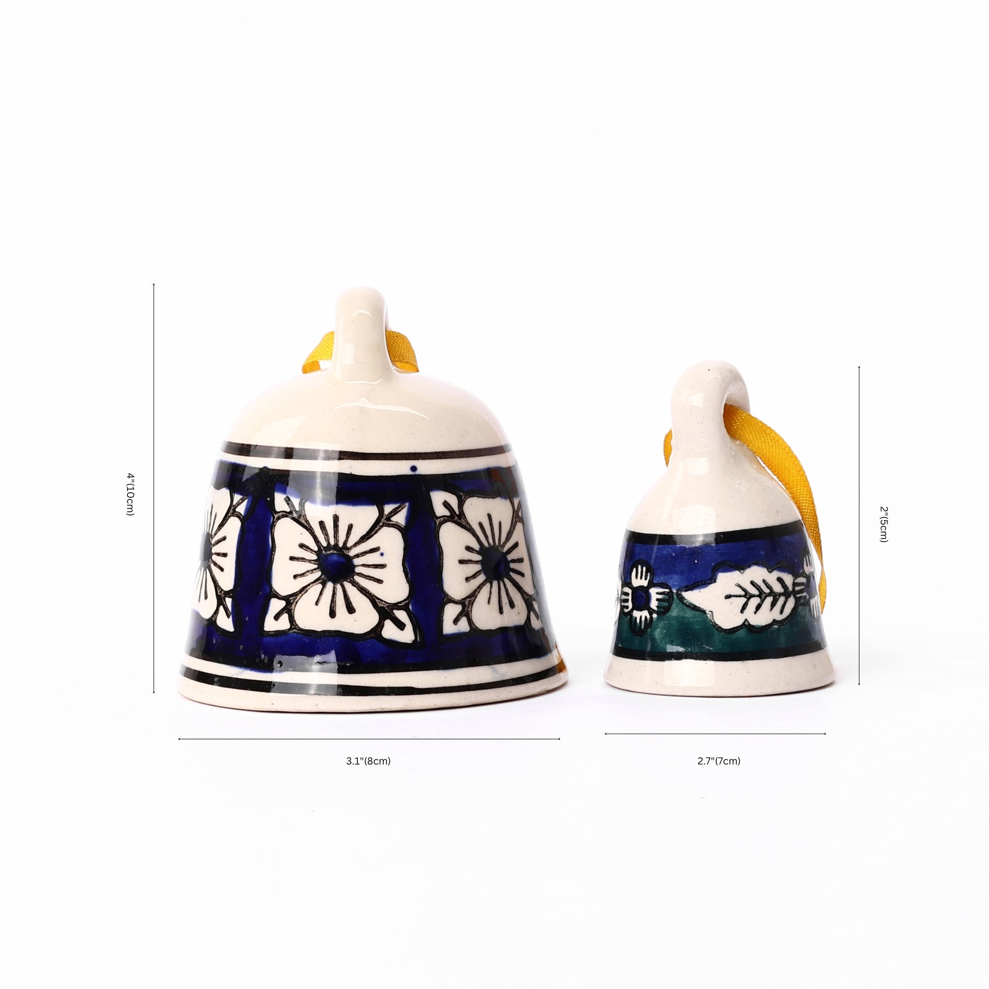 Handcrafted White, Blue and Green Ceramic Hanging Bells—Set of 5