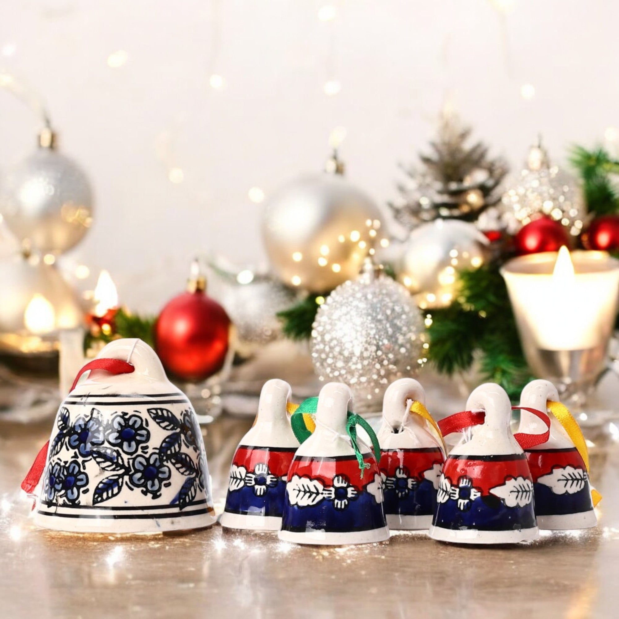 Handcrafted White, Red and Blue Ceramic Hanging Bells—Set of 5
