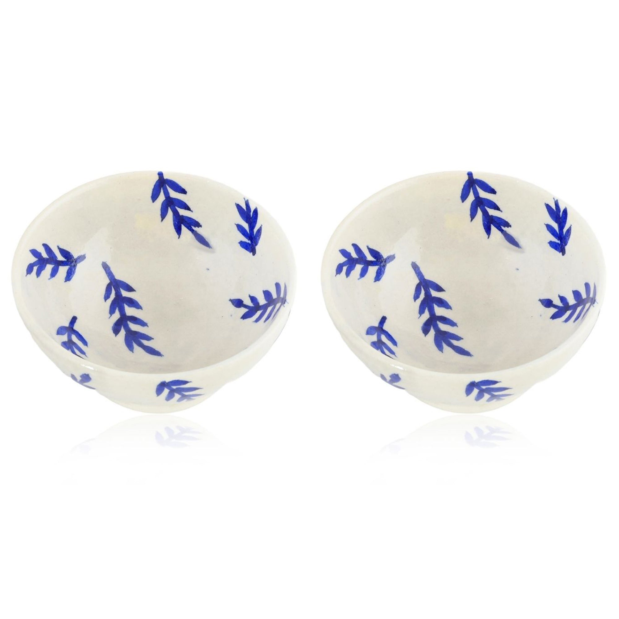 Handcrafted White and Blue Round Blue Pottery Bowls—Set of 2—Leafy Patterns—6”