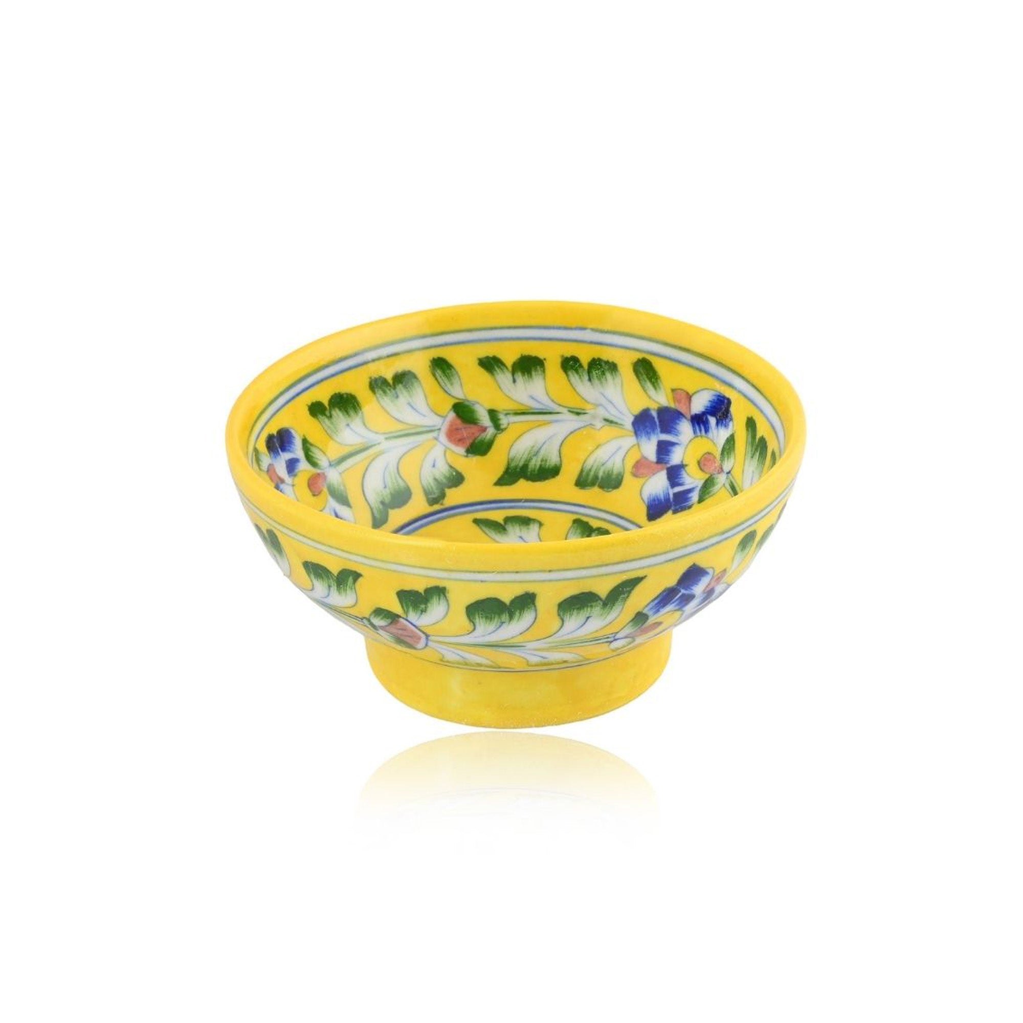Handcrafted Yellow Colour Round Blue Pottery Bowls—Set of 2—Floral Pattern—6”