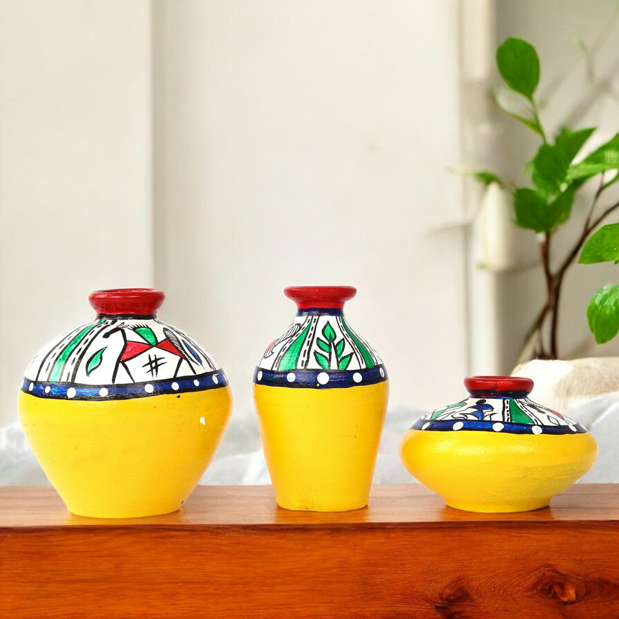 Handcrafted Yellow Terracotta Pots for Home Decor - Set of 3 - Warli Hand Painting