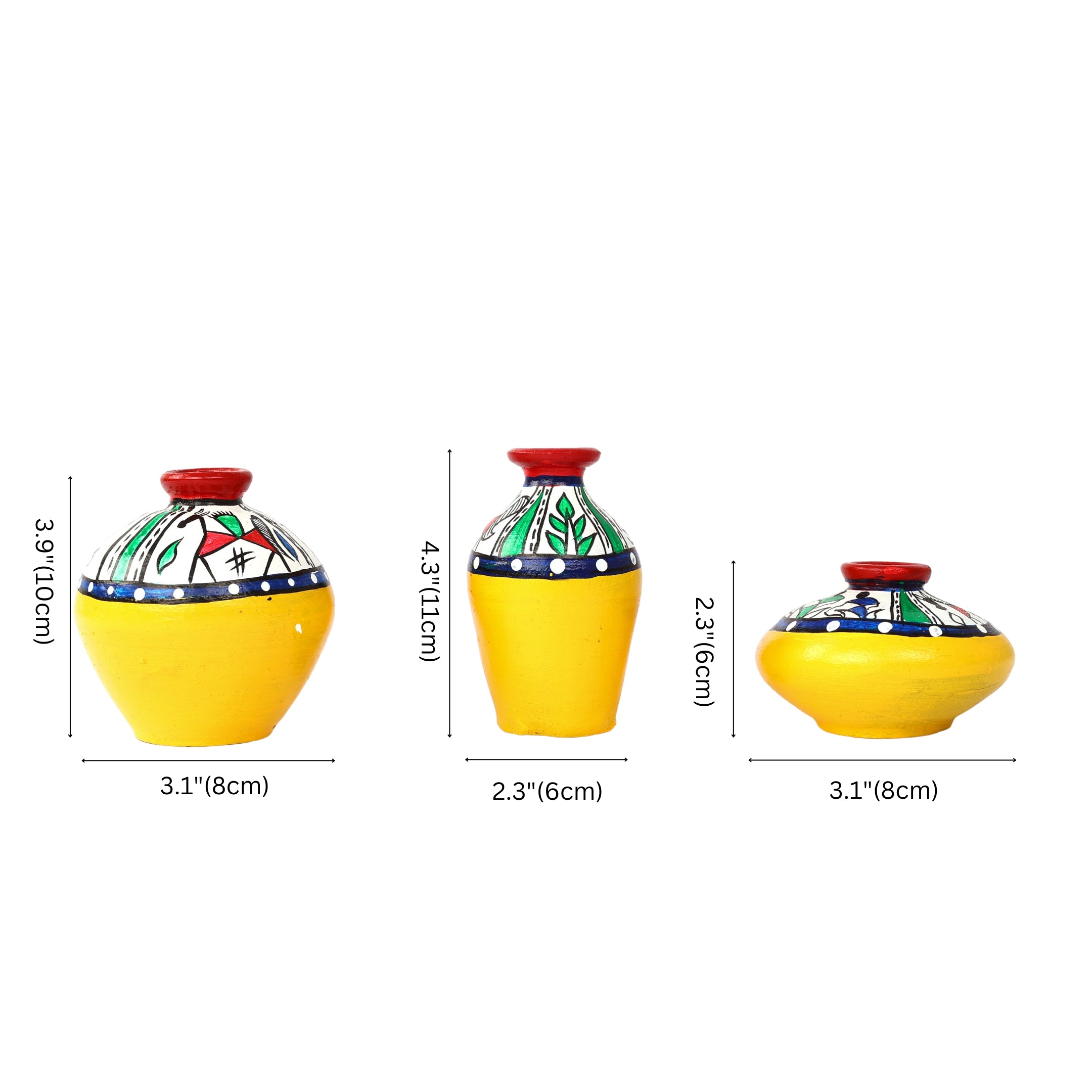 Handcrafted Yellow Terracotta Pots for Home Decor - Set of 3 - Warli Hand Painting