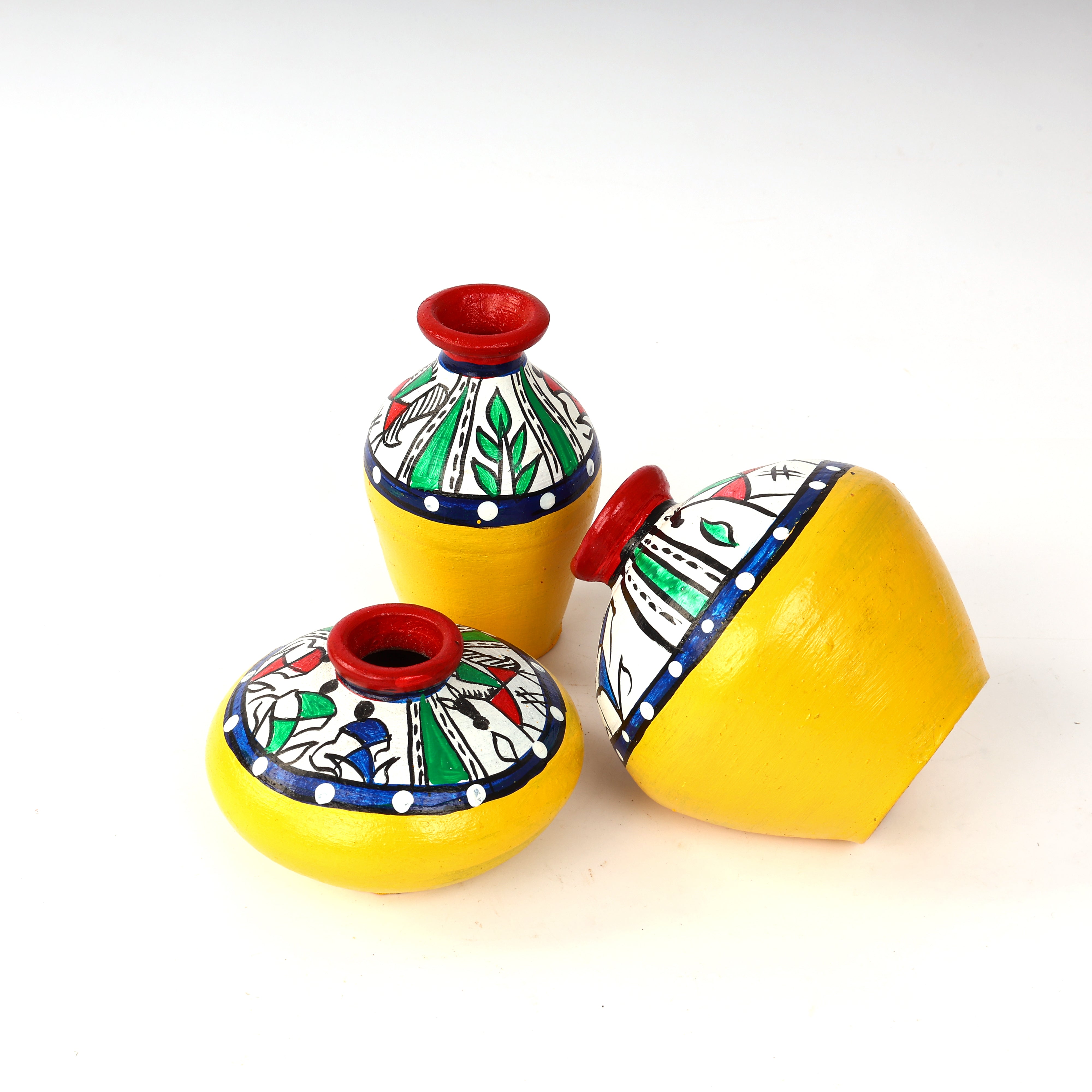 Handcrafted Yellow Terracotta Pots for Home Decor - Set of 3 - Warli Hand Painting