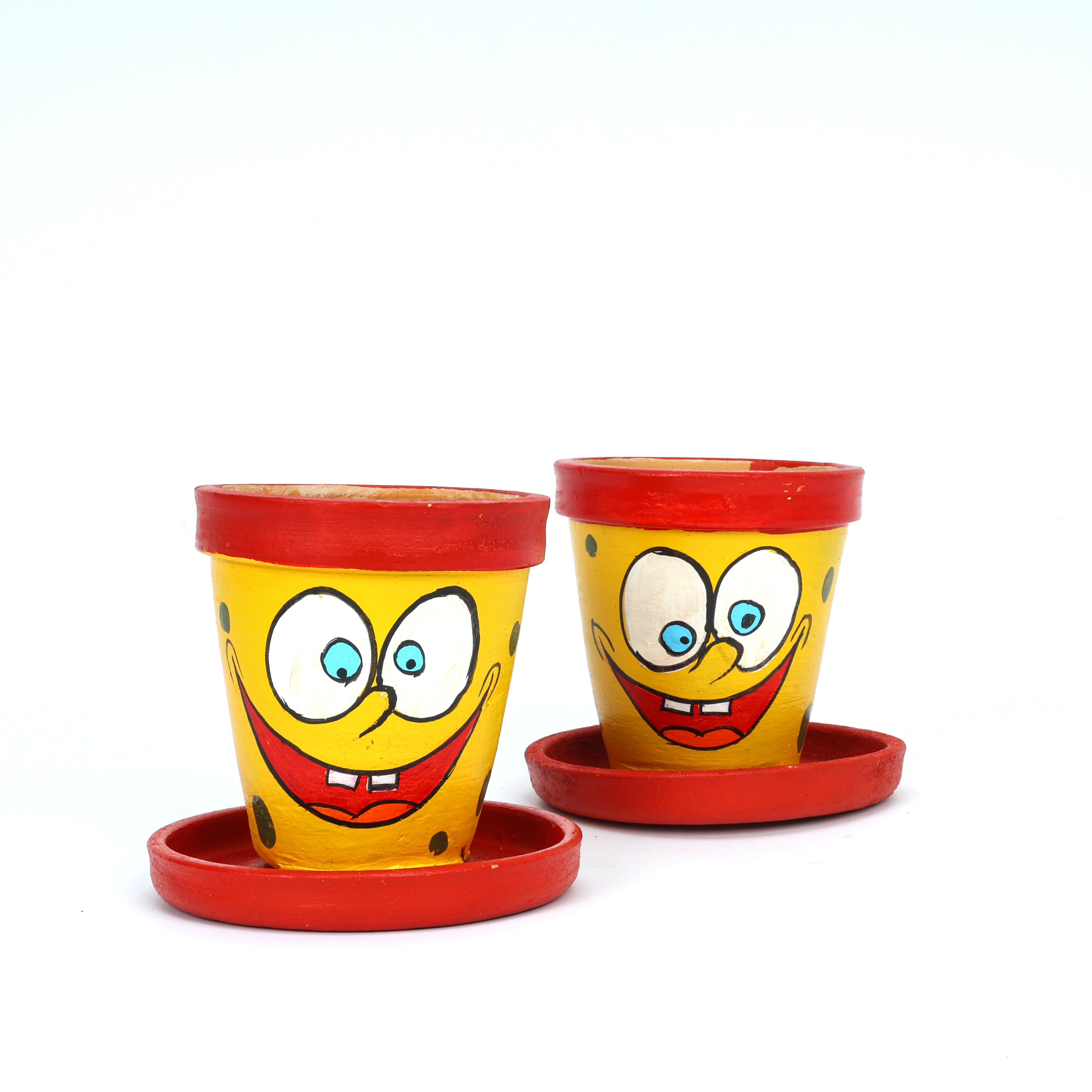 Handcrafted Yellow and Red Terracotta Planters - Set of 2 - Funky Hand Painting