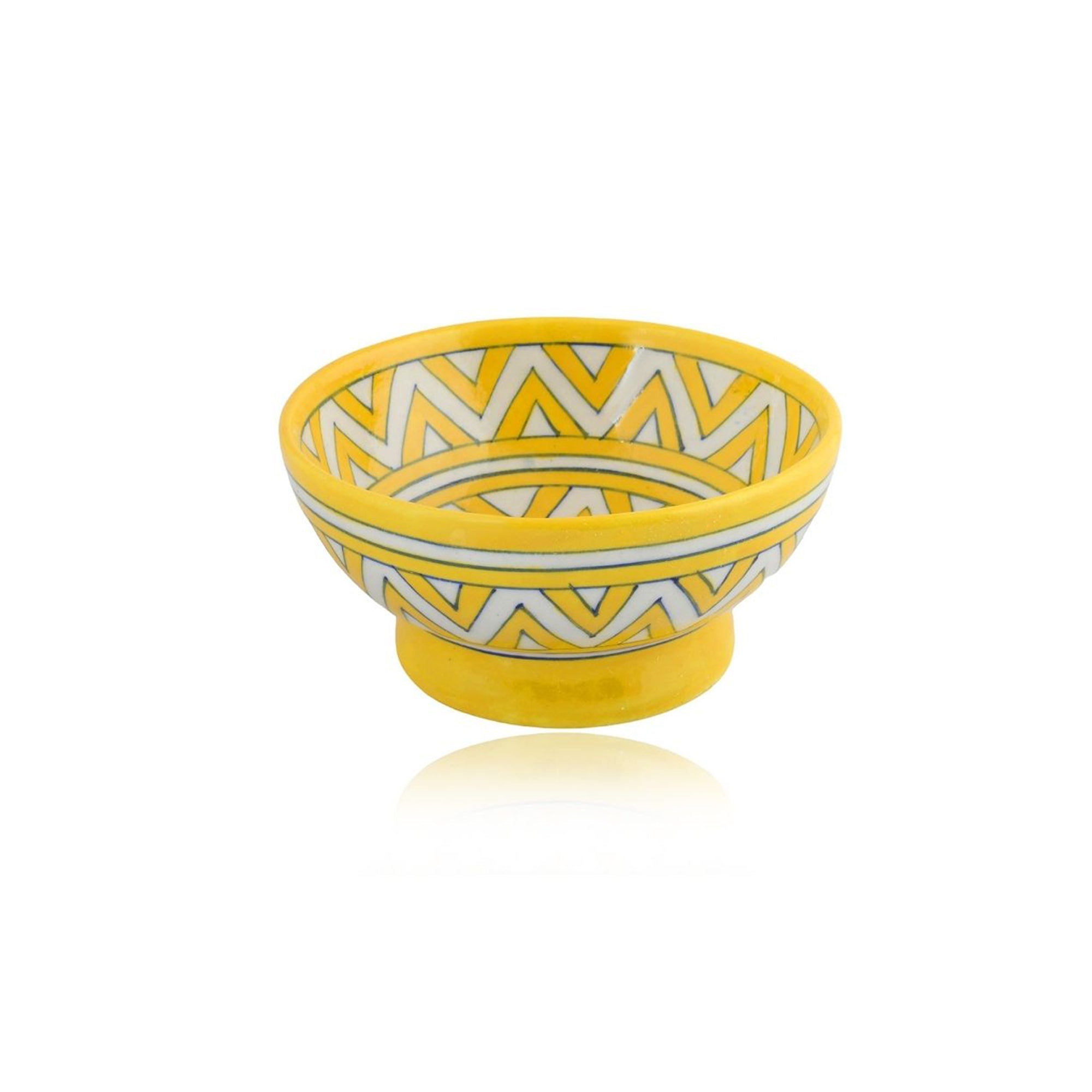 Handcrafted Yellow and White Round Blue Pottery Bowls—Set of 2—Geometric Pattern—6”