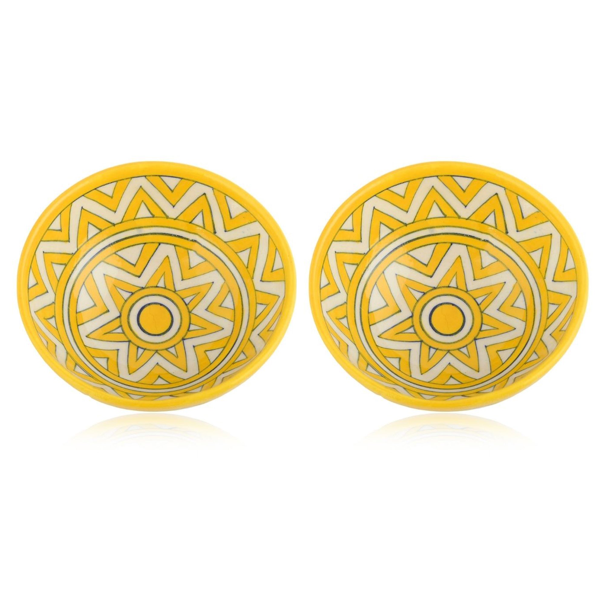 Handcrafted Yellow and White Round Blue Pottery Bowls—Set of 2—Geometric Pattern—6”