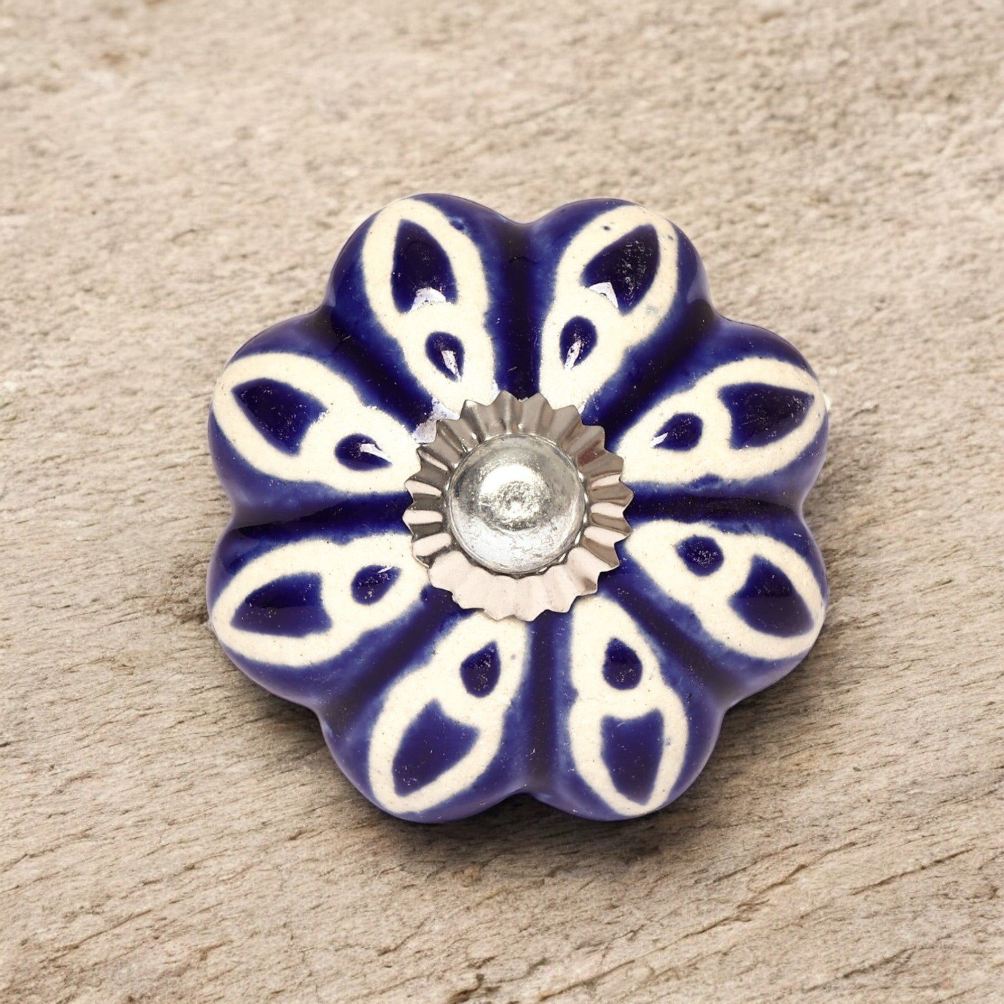 Handcrafted and Hand painted Blue Ceramic Knobs—Melon Shaped—Set of 6—Floral Pattern