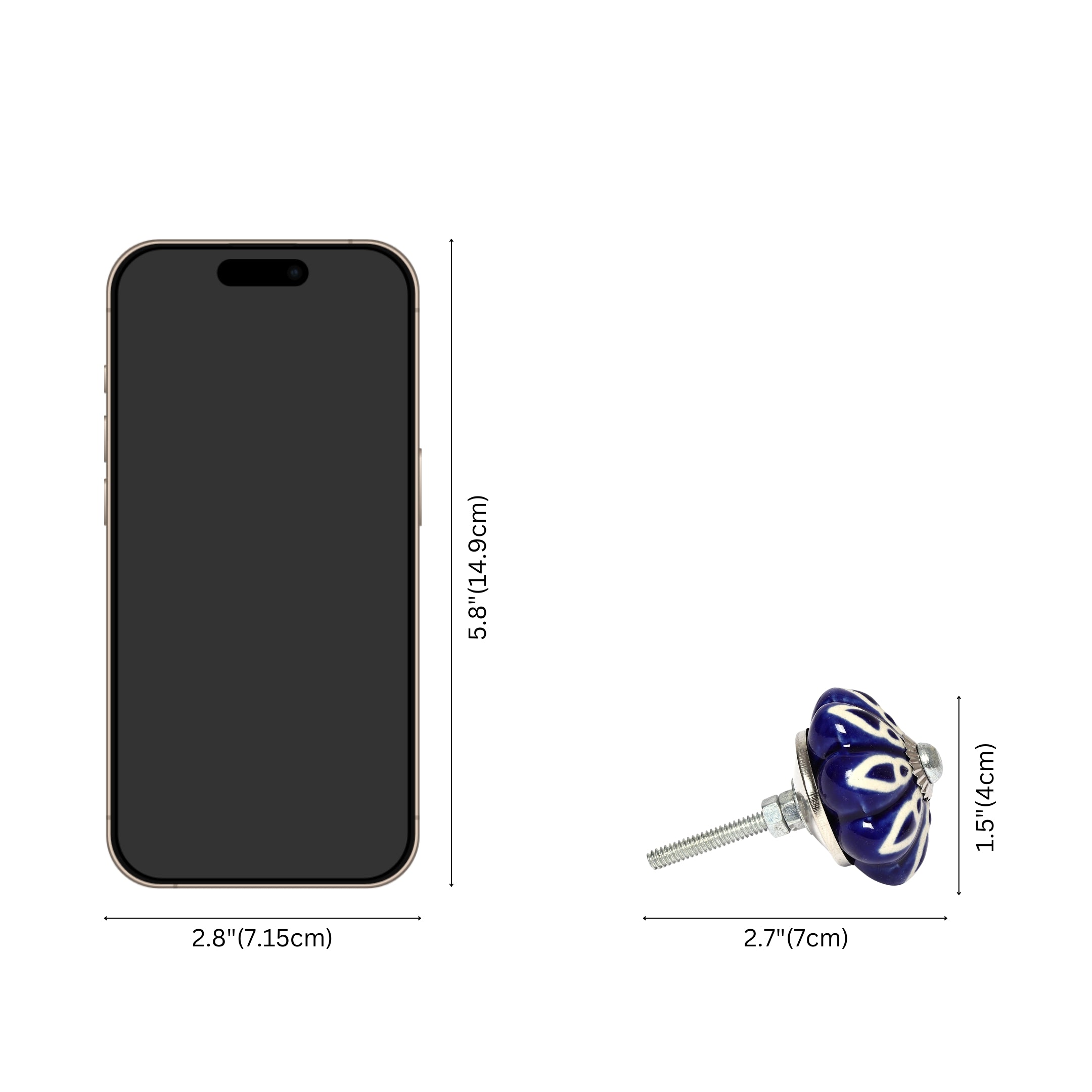 Handcrafted and Hand painted Blue Ceramic Knobs—Melon Shaped—Set of 6—Floral Pattern